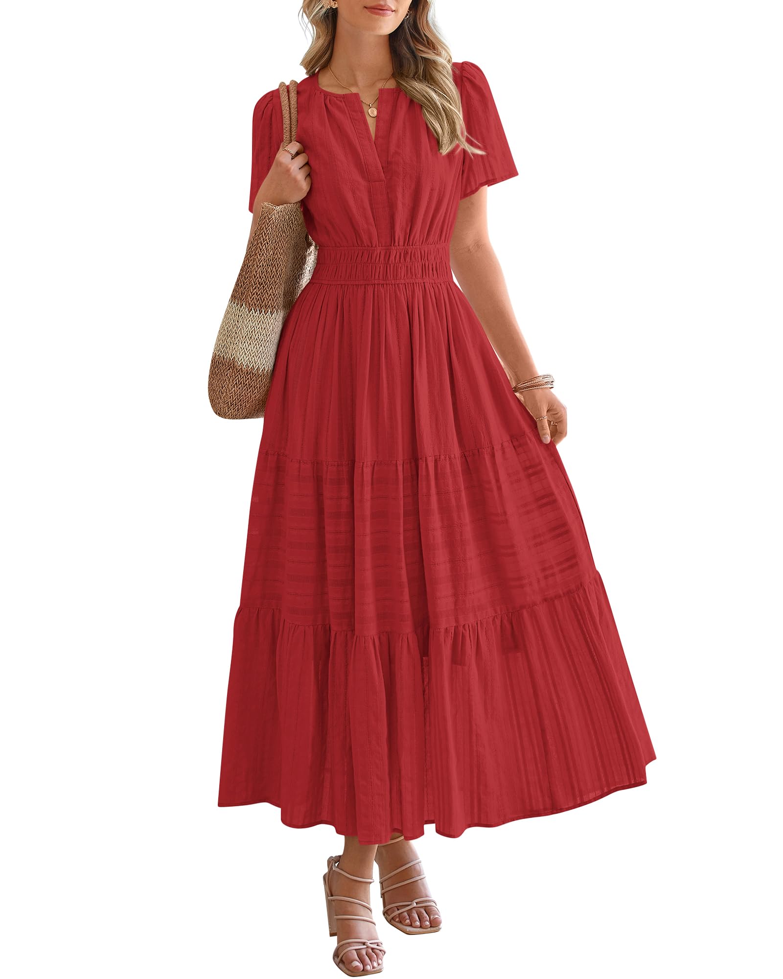 BTFBM Womens Summer Casual Midi Maxi Dresses Lightweight Short Sleeve V Neck Elastic Waist Boho Beach Dress Pockets