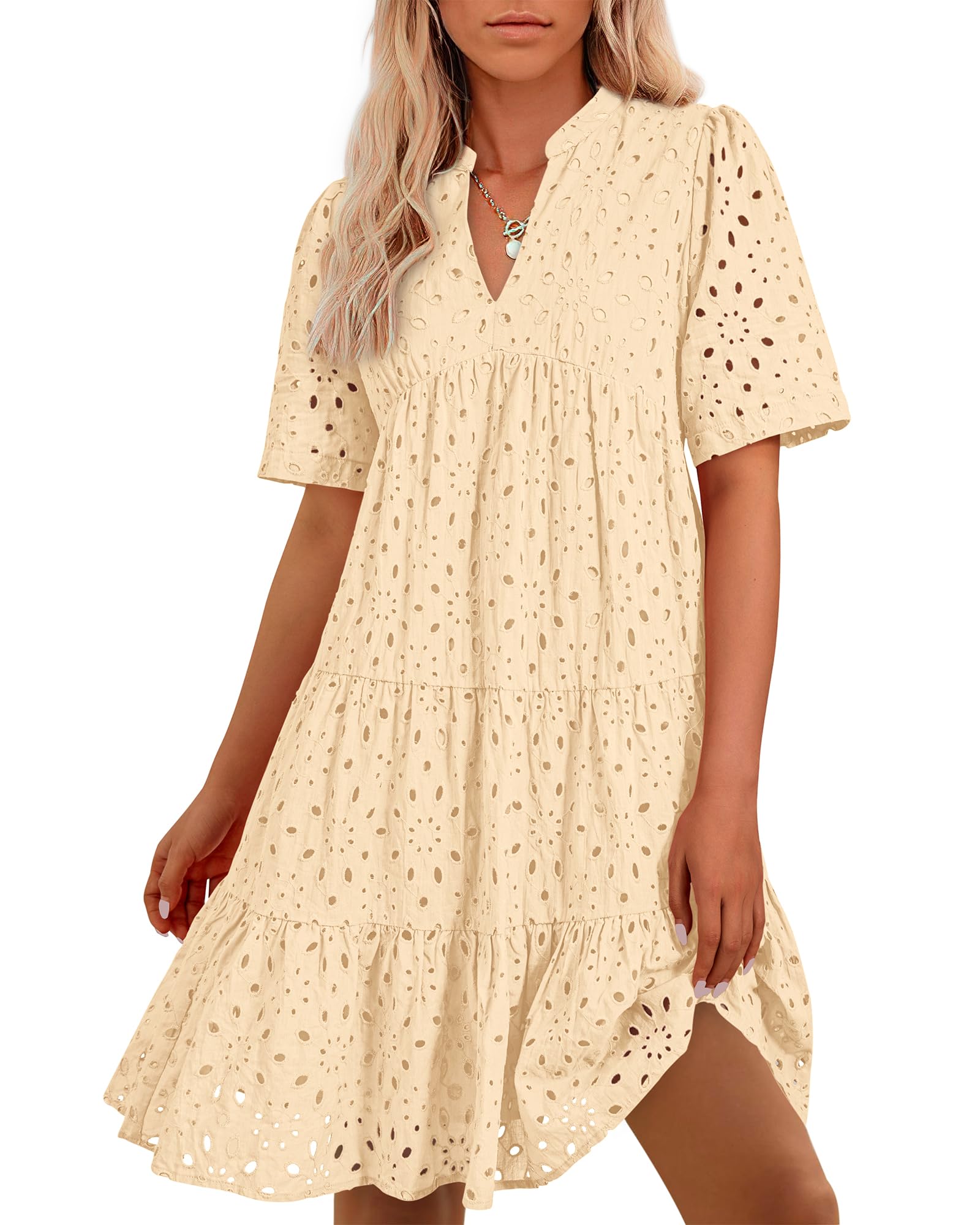 BTFBM Womens Boho Summer Dresses Spring V Neck Short Sleeve Hollow Out Lace Ruffle Casual Beach Mini Vacation Dress