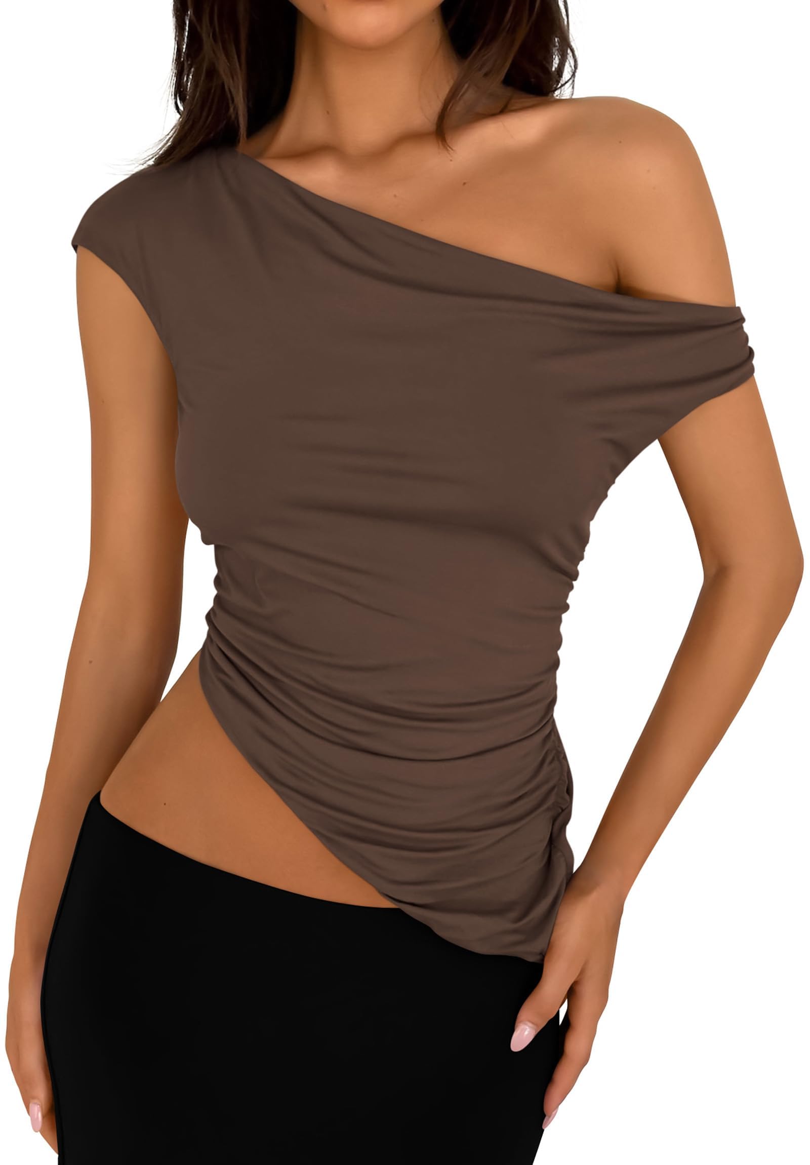 PRETTYGARDEN Womens Summer Off The Shoulder Crop Tops Sleeveless One Shoulder Ruched Asymmetrical Y2K Going Out Tank Top