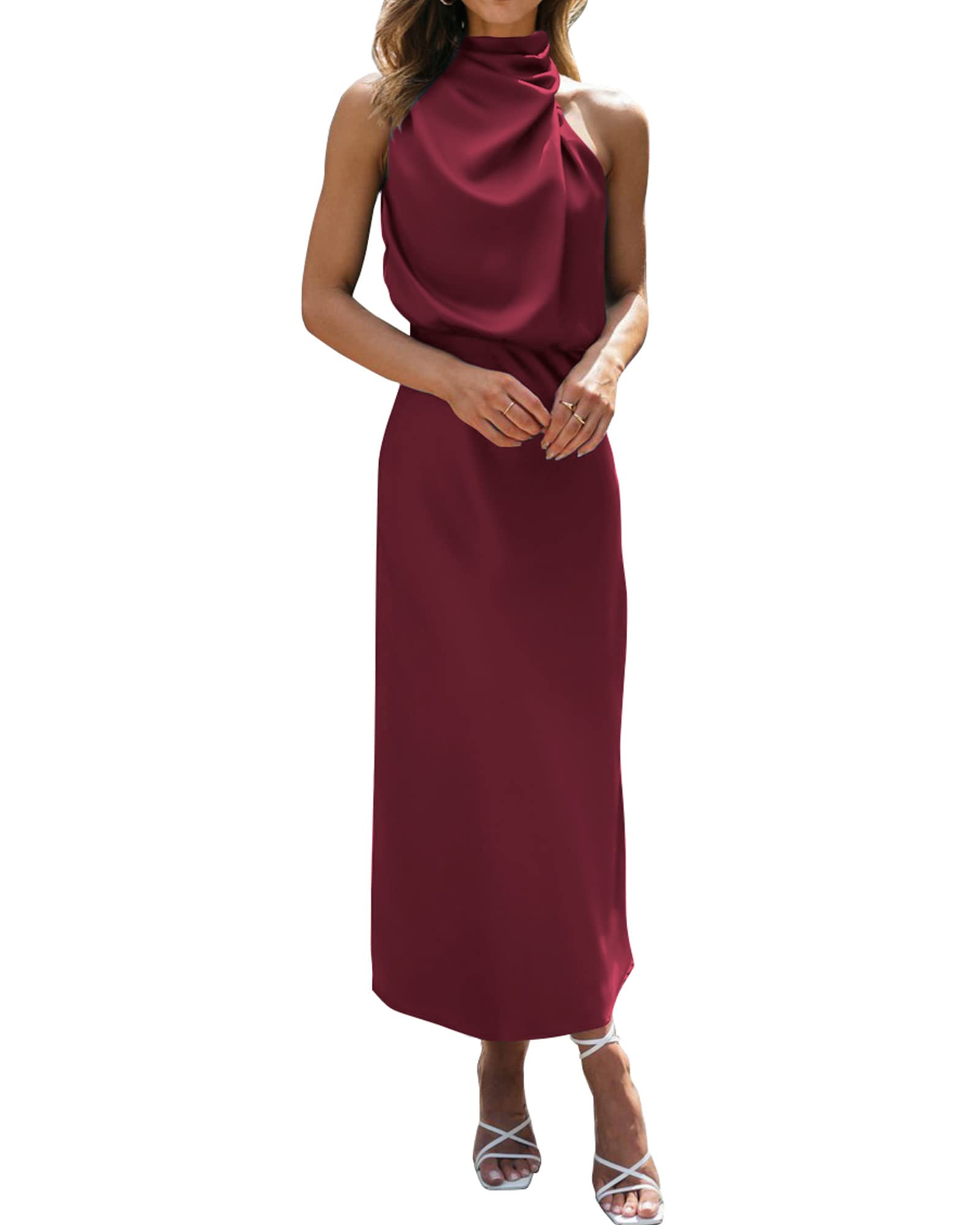 BTFBM Cocktail Dresses for Women Summer Satin Silk Sleeveless Mock Neck Maxi Wedding Guest Dress Spring Outfits