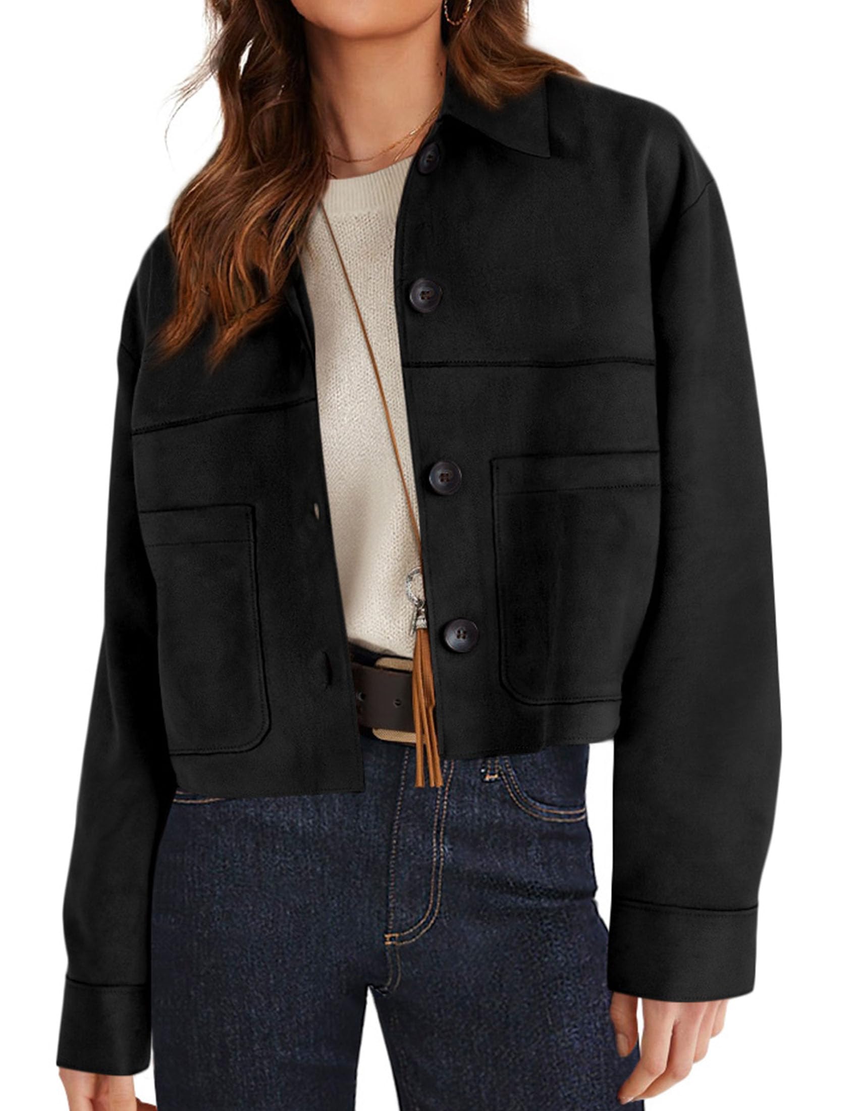 PRETTYGARDEN Women's Faux Suede Cropped Jacket Casual Lightweight Fall Fashion Winter Coats Outerwear Trendy Clothes
