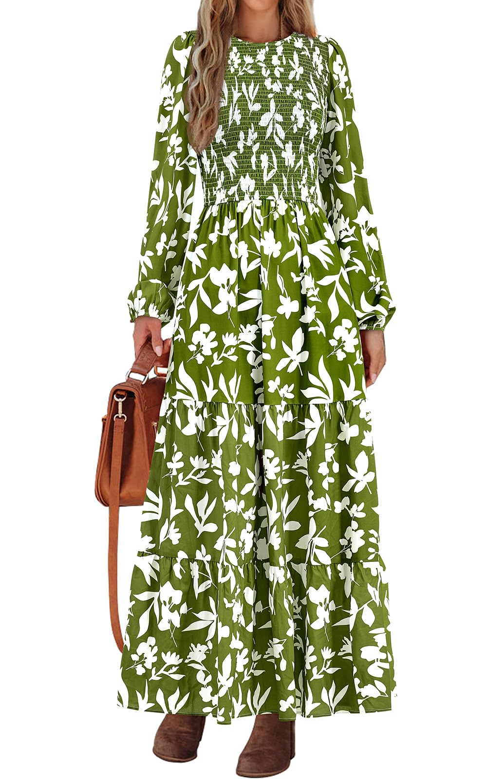 PRETTYGARDEN Women's Fall Dresses Long Sleeve Flowy Casual Floral Maxi Dress Crew Neck Smocked Tiered Long Dress