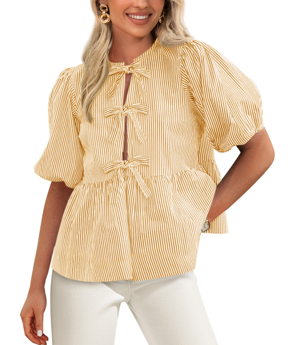 PRETTYGARDEN Women's Tie Front Striped Shirt Summer Trendy Fashion Cute Babydoll Tops Peplum Puffy Sleeve Blouse