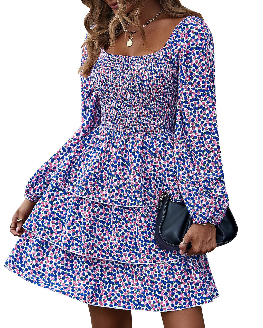 BTFBM Womens Long Sleeve Dress Summer Vacation Square Neck Smocked Floral Mini Boho Spring Wedding Guest Dresses