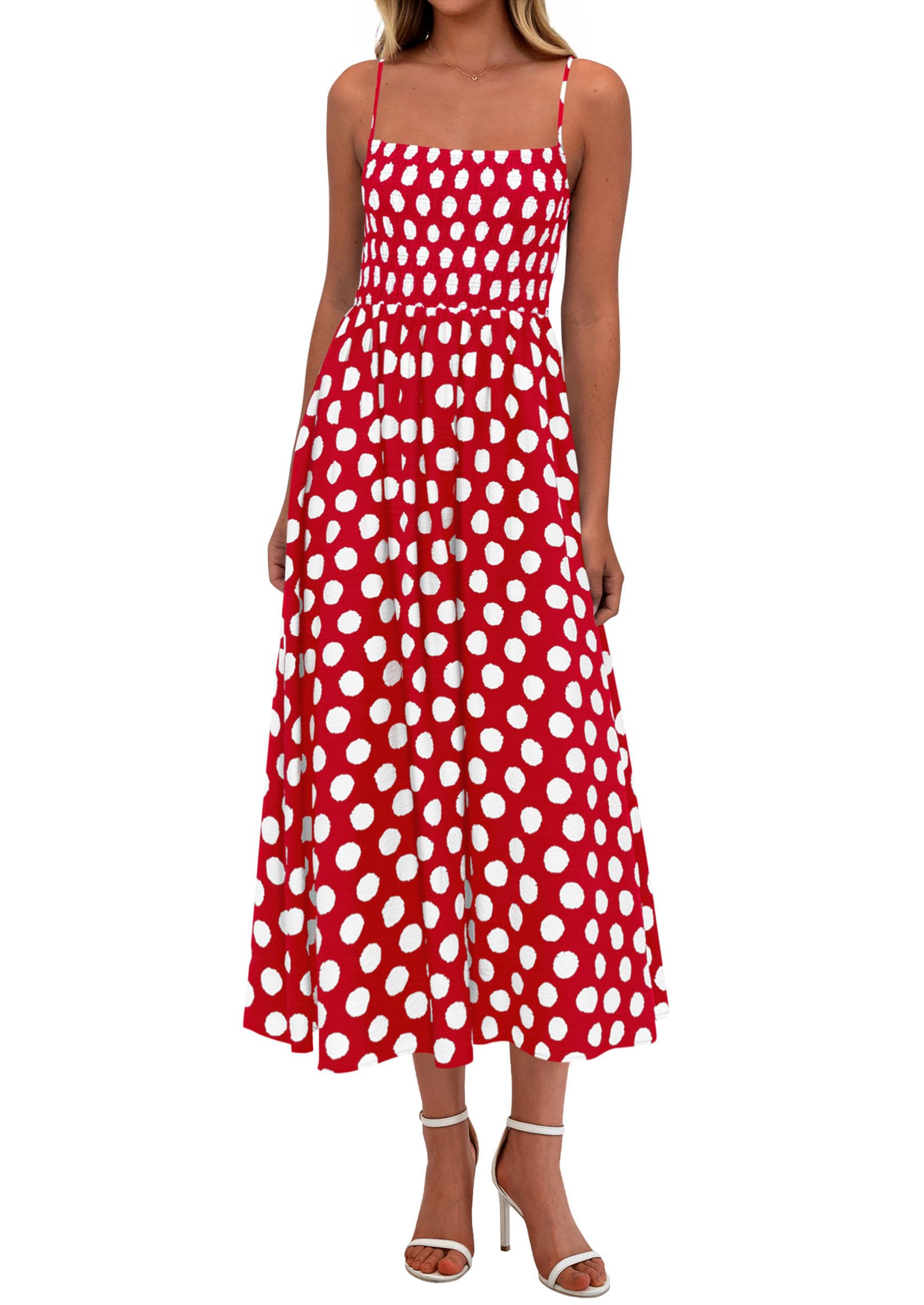 PRETTYGARDEN Womens Polka Dot Dress Summer Sleeveless Spaghetti Straps Smocked Sun Dress Flowy Spring Beach Midi Dresses