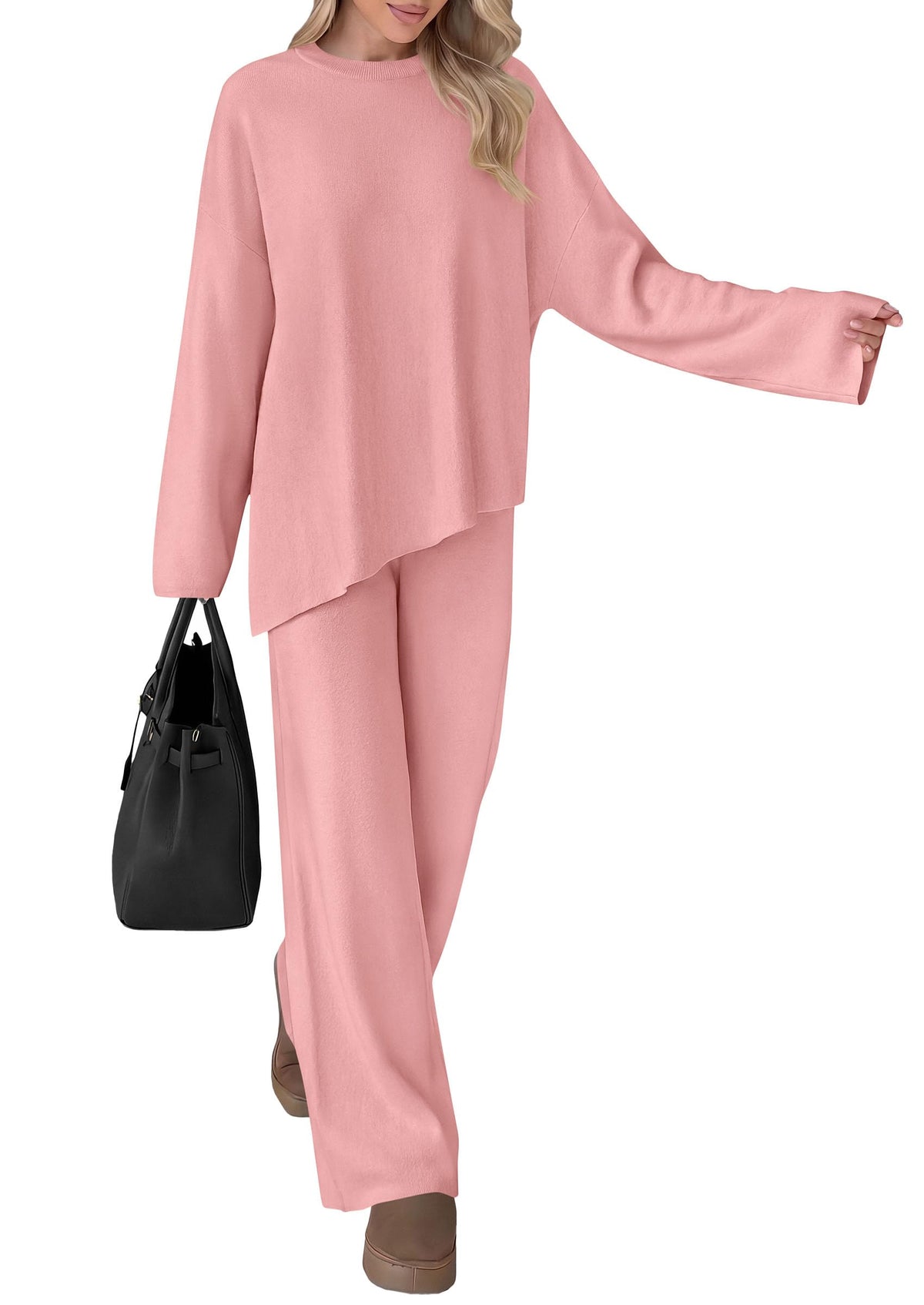 PRETTYGARDEN Womens Fall 2 Piece Asymmetric Cozy Sweater Travel Lounge Sets Crewneck Drop Shoulder Tops, Wide Leg Pants, Soft Casual Knit Matching Set,Vacation Airport Holiday Outfits