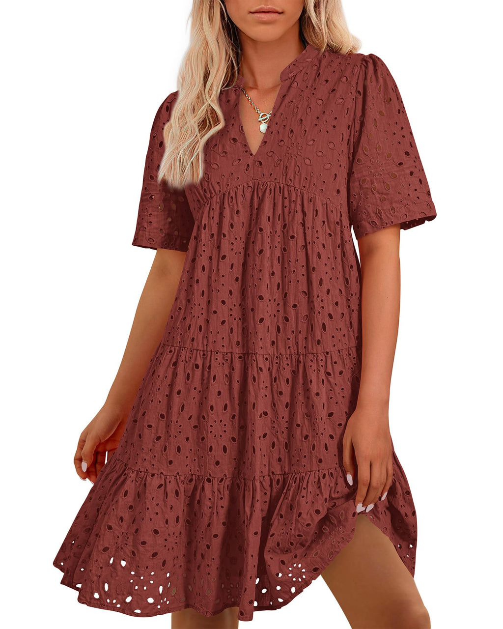 BTFBM Womens Boho Summer Dresses Spring V Neck Short Sleeve Hollow Out Lace Ruffle Casual Beach Mini Vacation Dress