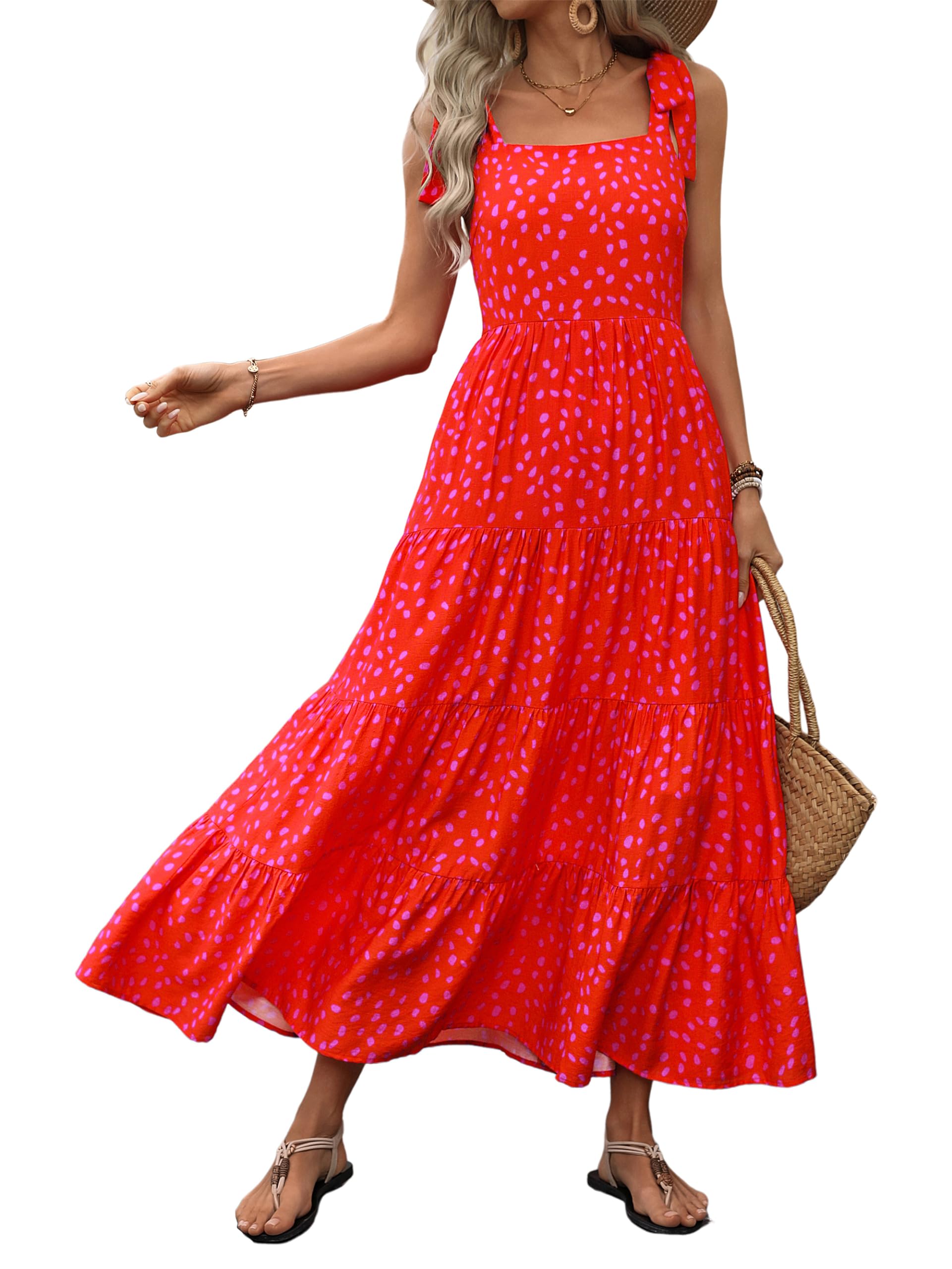 PRETTYGARDEN Women Dresses Summer Floral Sleeveless Maxi Dress Casual Spaghetti Strap Tiered Flowy Beach Long Dress
