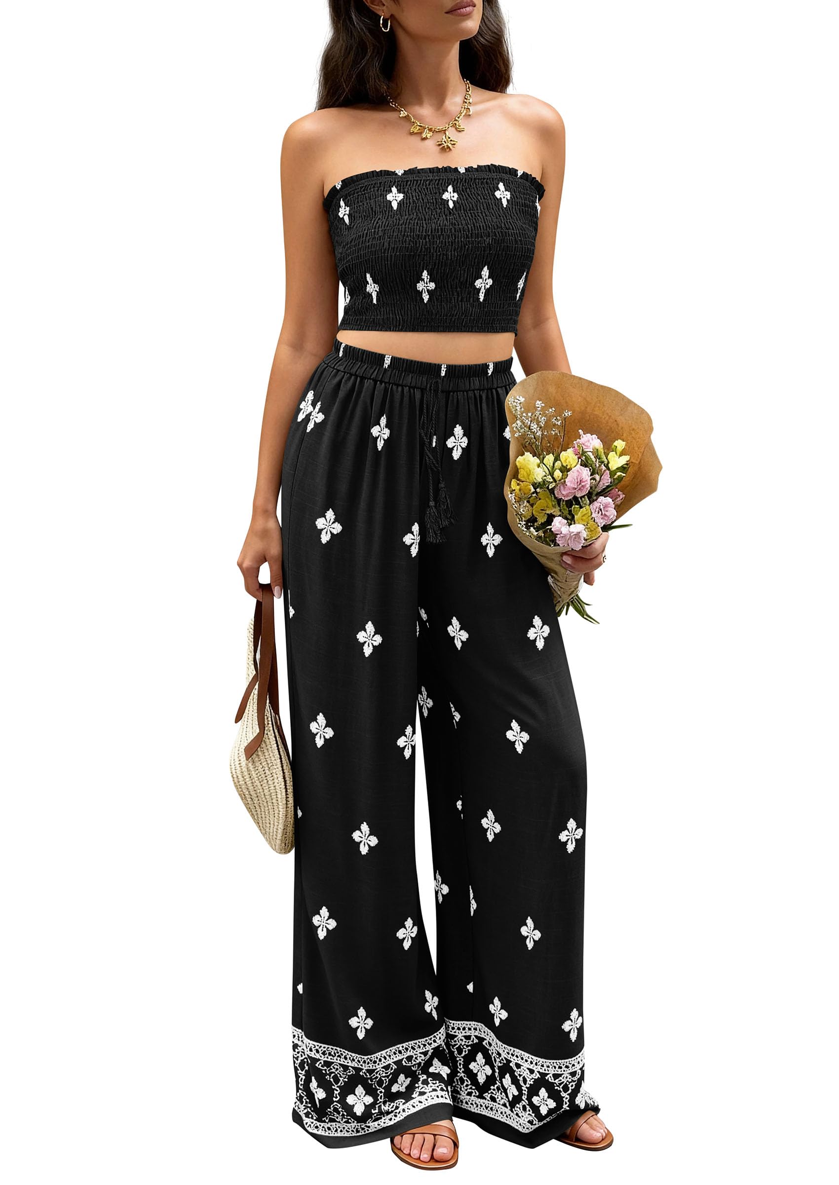 PRETTYGARDEN 2 Piece Sets for Women Summer  Travel Outfits Print Tube Tops Wide Leg Pants Beach Vacation Clothes