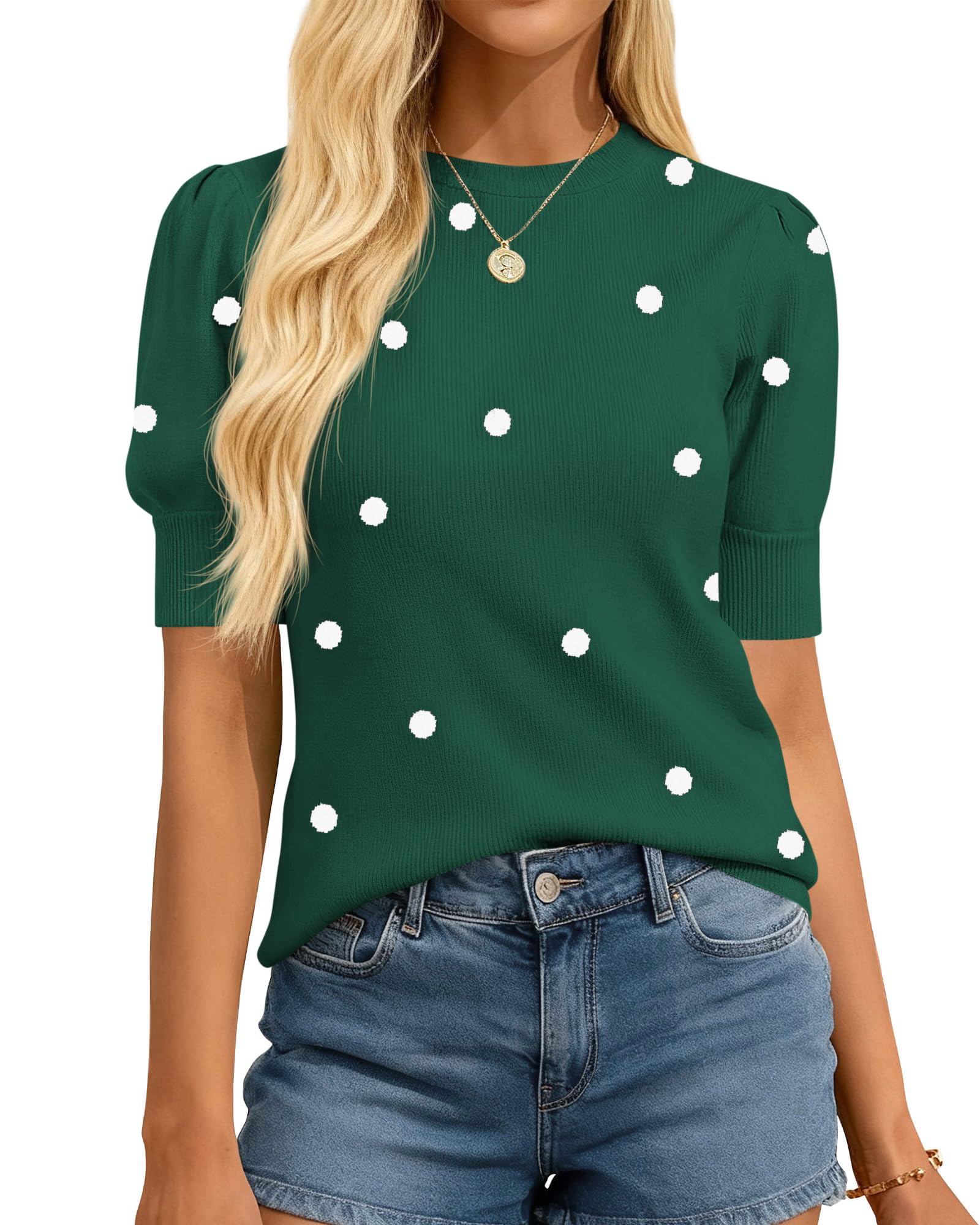 BTFBM Womens Sweaters Polka Dot Short Sleeve Sweater for Women Crew Neck Knit Summer Tops Business Dressy Casual Blouses