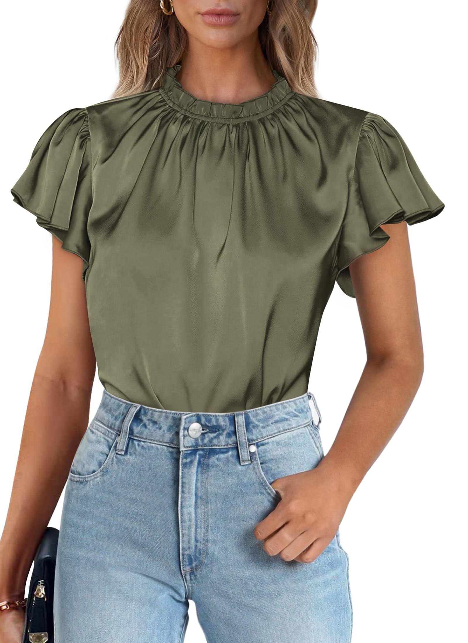 PRETTYGARDEN Business Casual Tops for Women Blouses Dressy  Summer Short Sleeve Ruffle Satin Work Office Attire