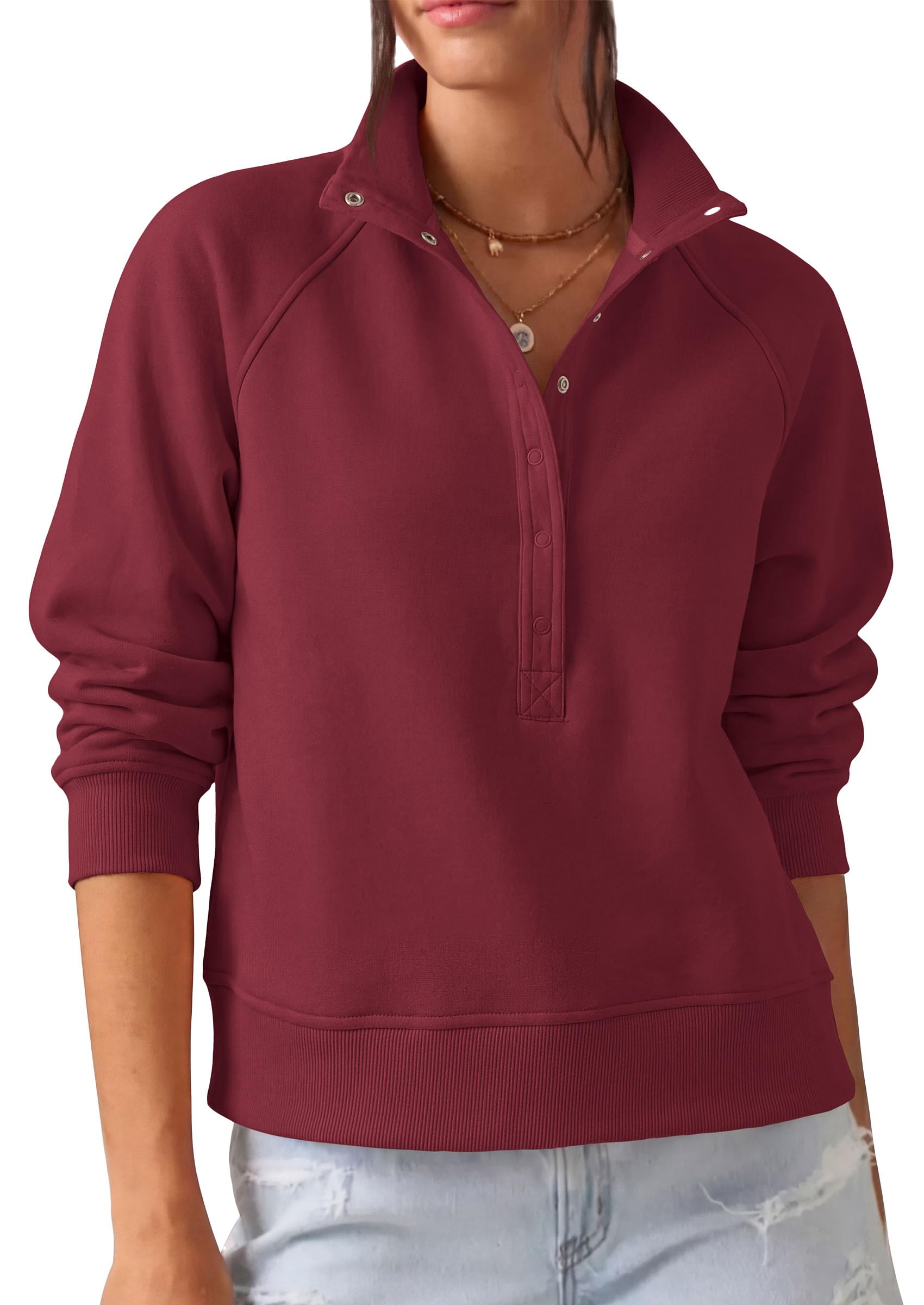 PRETTYGARDEN Women's Fall Trendy Oversized Sweatshirts Comfy Ribbed Fabric, Raglan Long Sleeve Collared, Button Up Henley Pullover Blouse, Casual Workout Tops, Y2K Fashion Clothing