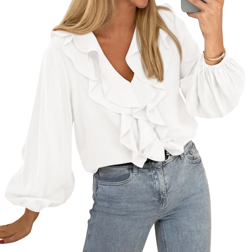 BTFBM Womens Fall Tops Ruffle Blouses Dressy Casual | Double Ruffled Collar V Neck Long Sleeve Shirts, Lightweight Fashion Clothing Trendy, Daily Business Office Work Clothes