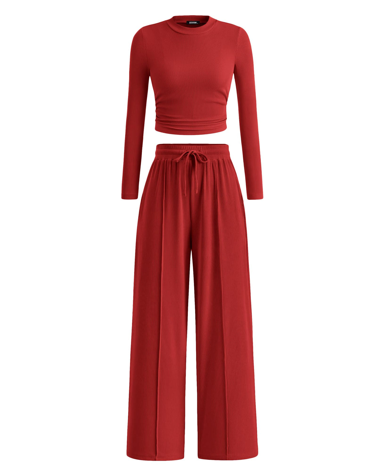 BTFBM Casual 2 Piece Sets For Women Fall Outfits Ribbed Spring Long Sleeve Crop Top Wide Leg Pants Matching Lounge Set