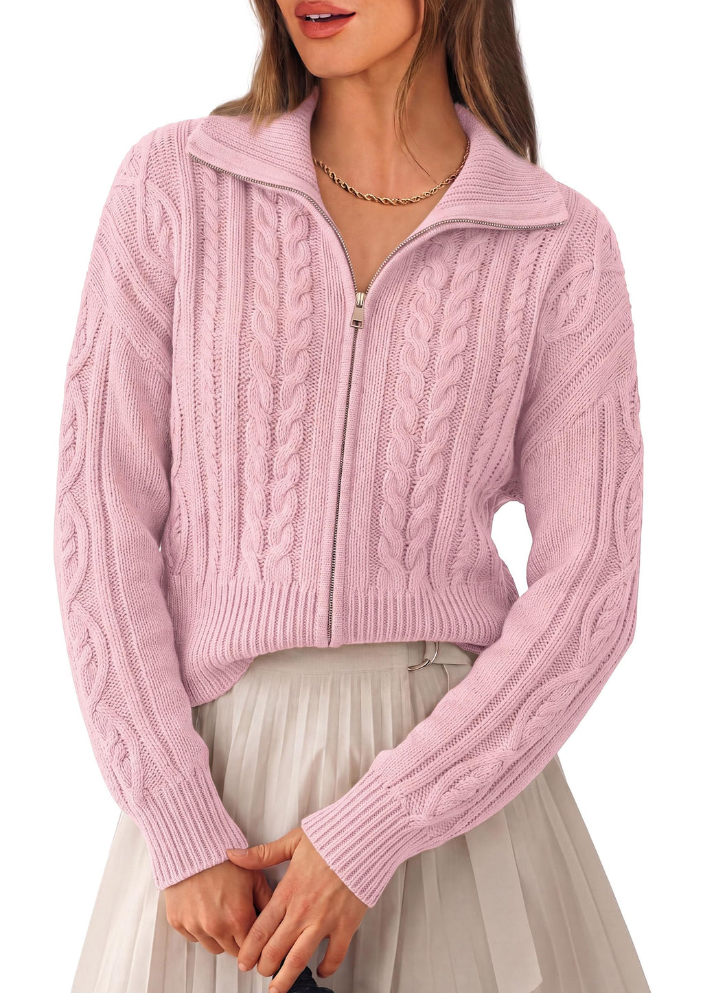 PRETTYGARDEN Women's Cable Knit Cropped Cardigan Sweaters Oversized Sweater, Long Sleeve Zip Up Jacket, Collared Neck, Ribbed Hem, Cozy Soft Casual Wear, Fall Clothes Winter Outerwear
