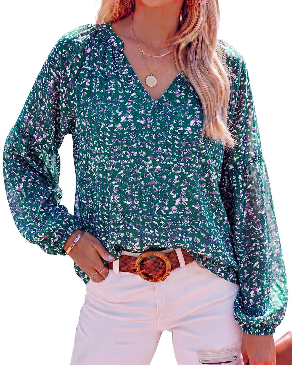 BTFBM Blouses for Women Dressy Casual Floral Summer Boho Tops V Neck Lightweight Long Sleeve Shirts Spring Clothes