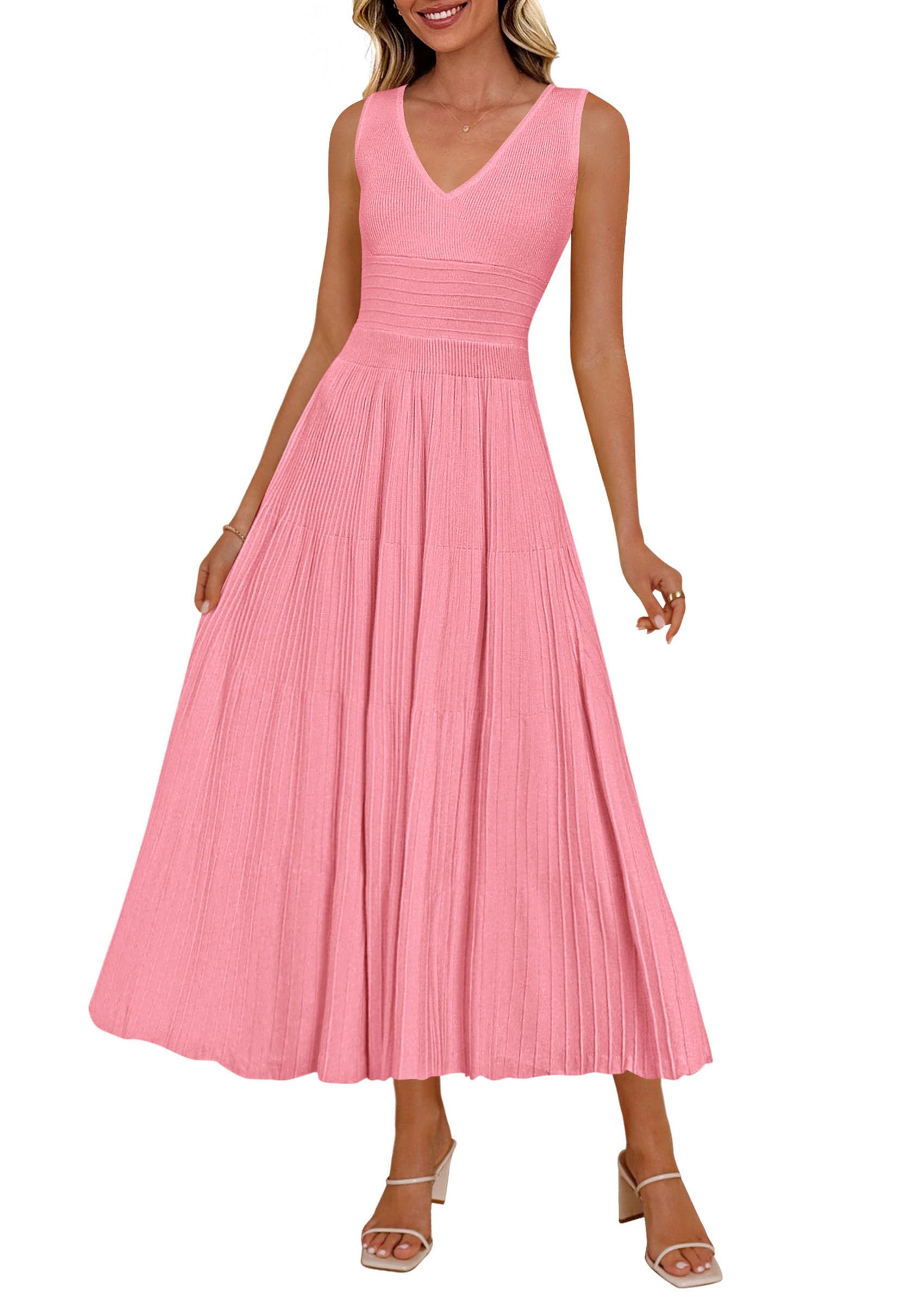 PRETTYGARDEN Women's Summer Casual Dresses Spring Sleeveless V Neck Knit Midi Business Work A Line Cocktail Dress