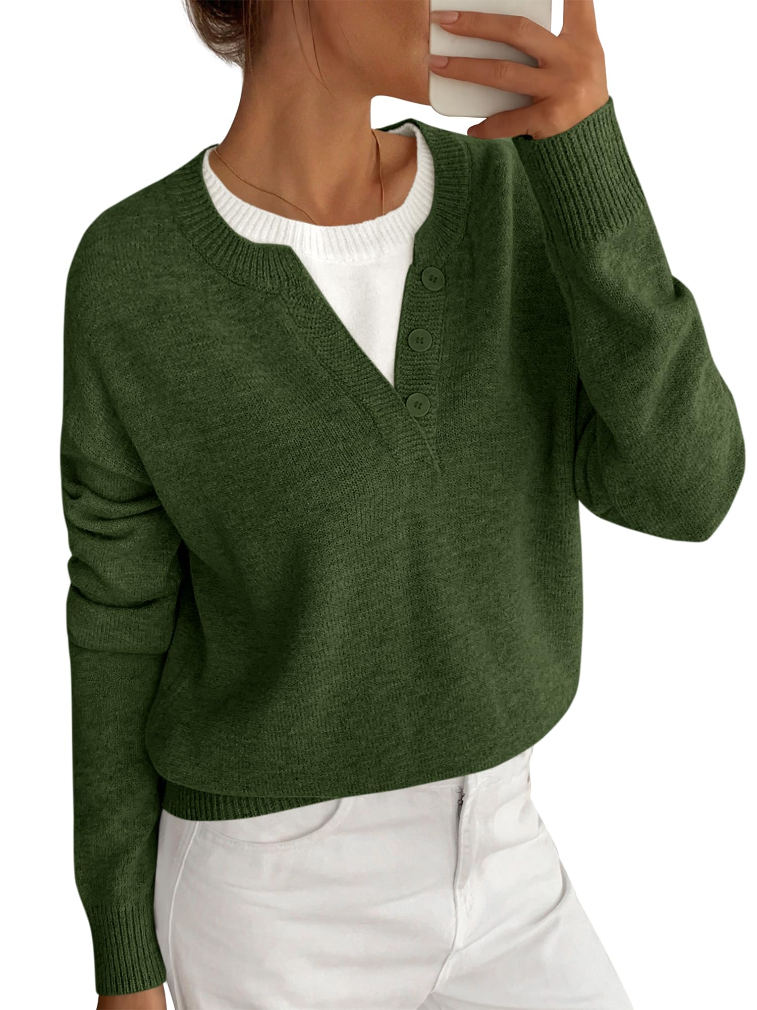BTFBM Women Long Sleeve Crew Neck Sweaters Tops, 2 in1 Knitted Pullover, Deco Buttons, Oversized, Stretchy, Vacation, Business Casual Outfits, Fall Winter Trendy