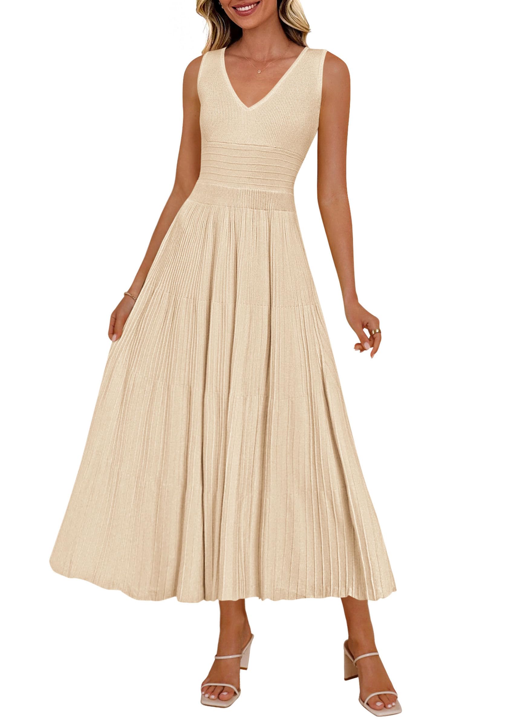 PRETTYGARDEN Women's Summer Casual Dresses Spring Sleeveless V Neck Knit Midi Business Work A Line Cocktail Dress