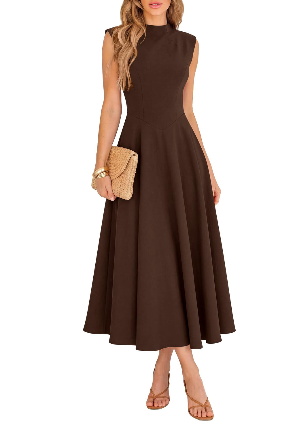 BTFBM Summer Dresses for Women Mock Neck Sleeveless High Waist Flowy Aline Maxi Spring Wedding Guest Dress Cocktail