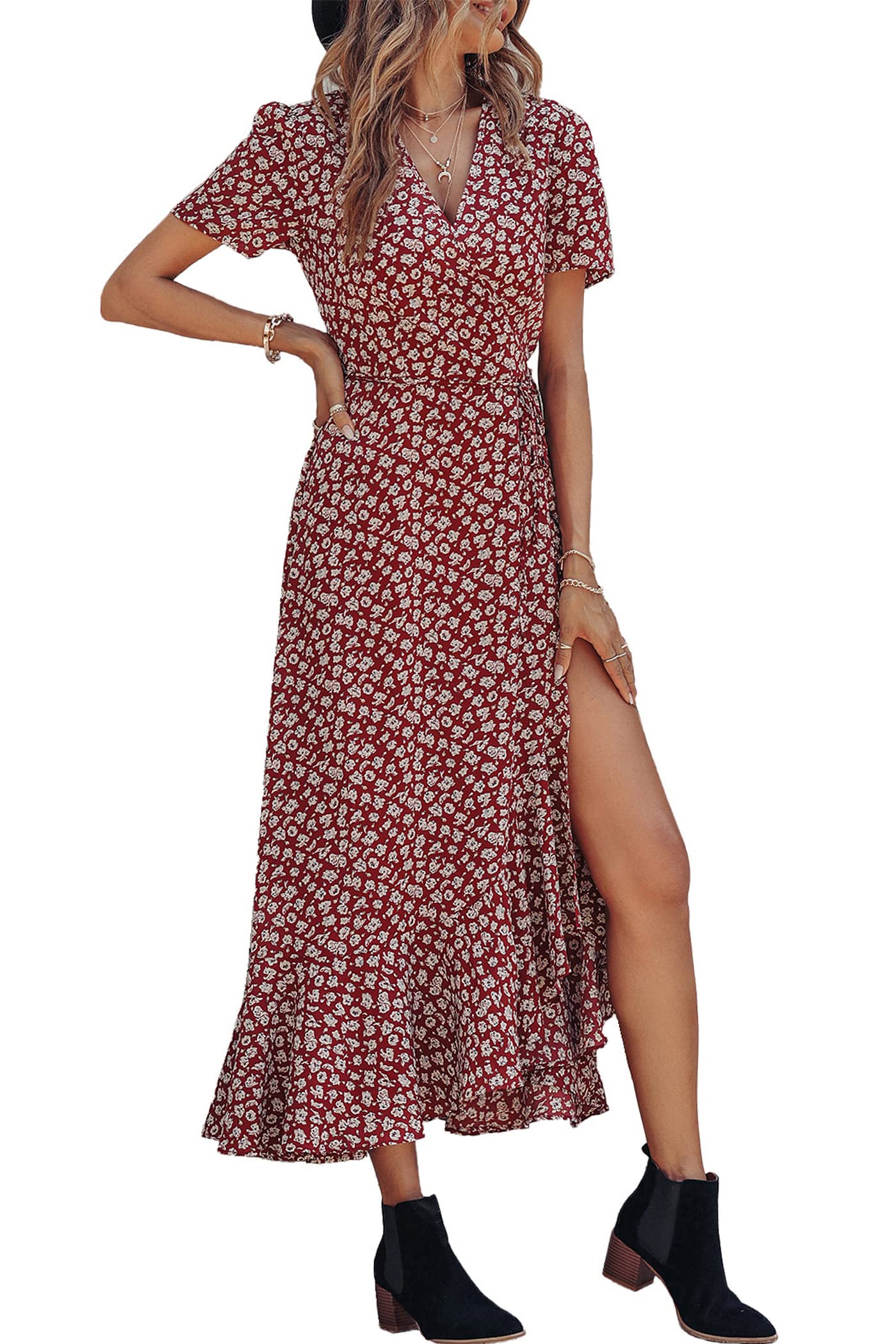 PRETTYGARDEN Women's Summer Maxi Dress Casual Wrap Floral Boho Short Sleeve V Neck Split Ruffle Beach Long Dresses
