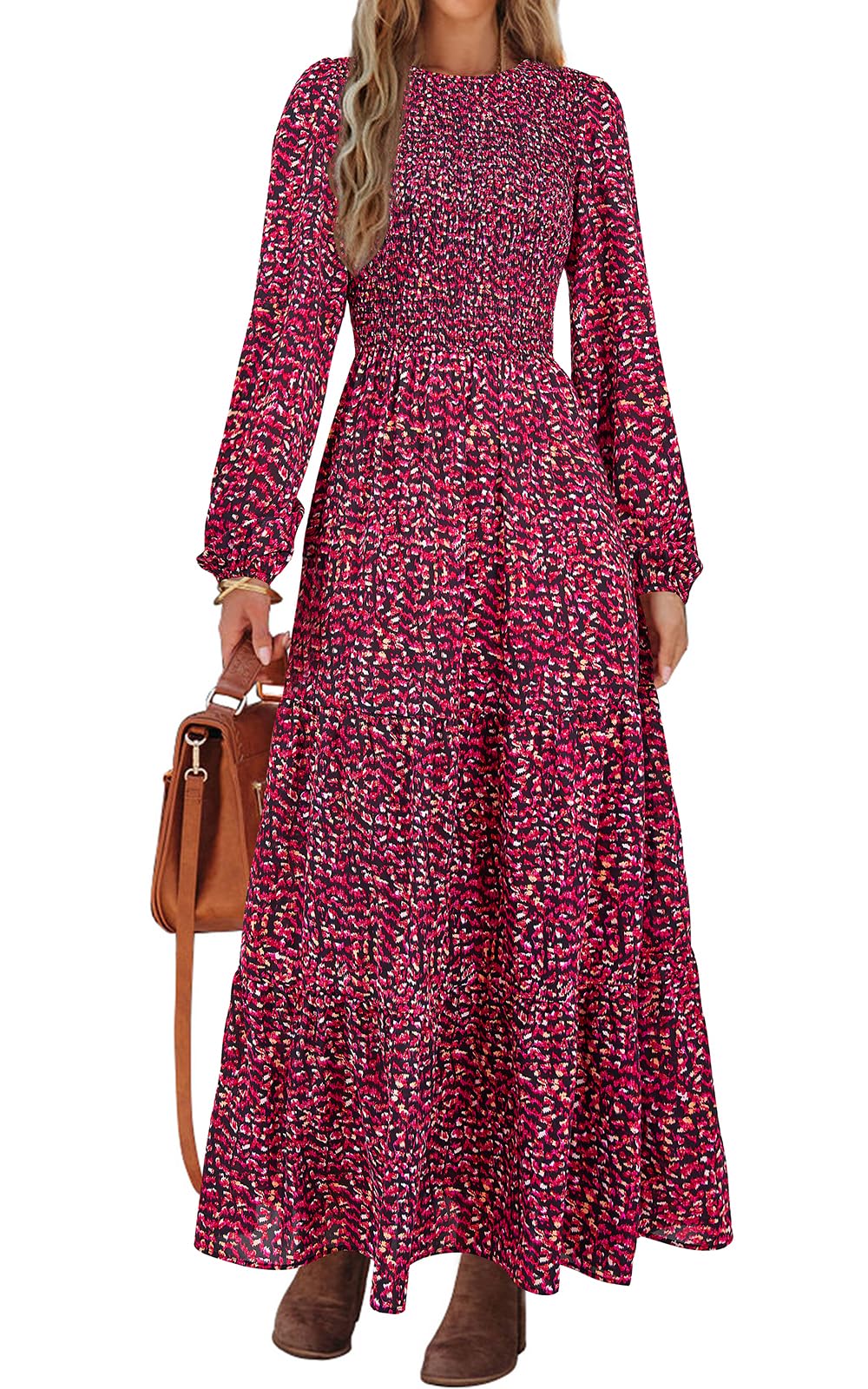 PRETTYGARDEN Women's Fall Dresses Long Sleeve Flowy Casual Floral Maxi Dress Crew Neck Smocked Tiered Long Dress