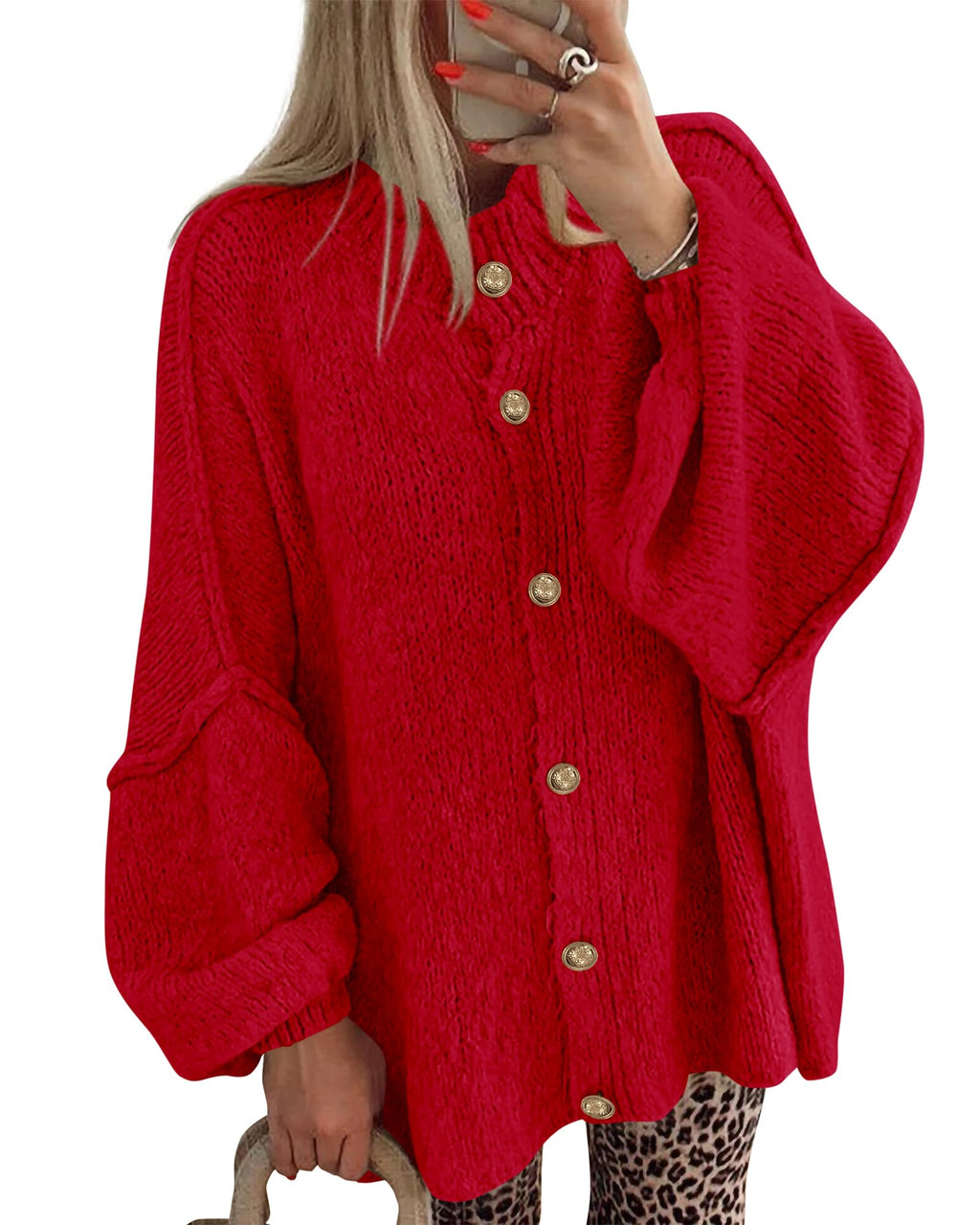 BTFBM Cardigan Sweaters for Women Fall Clothes Lantern Long Sleeve Button Open Front Chunky Knit Oversized Sweater