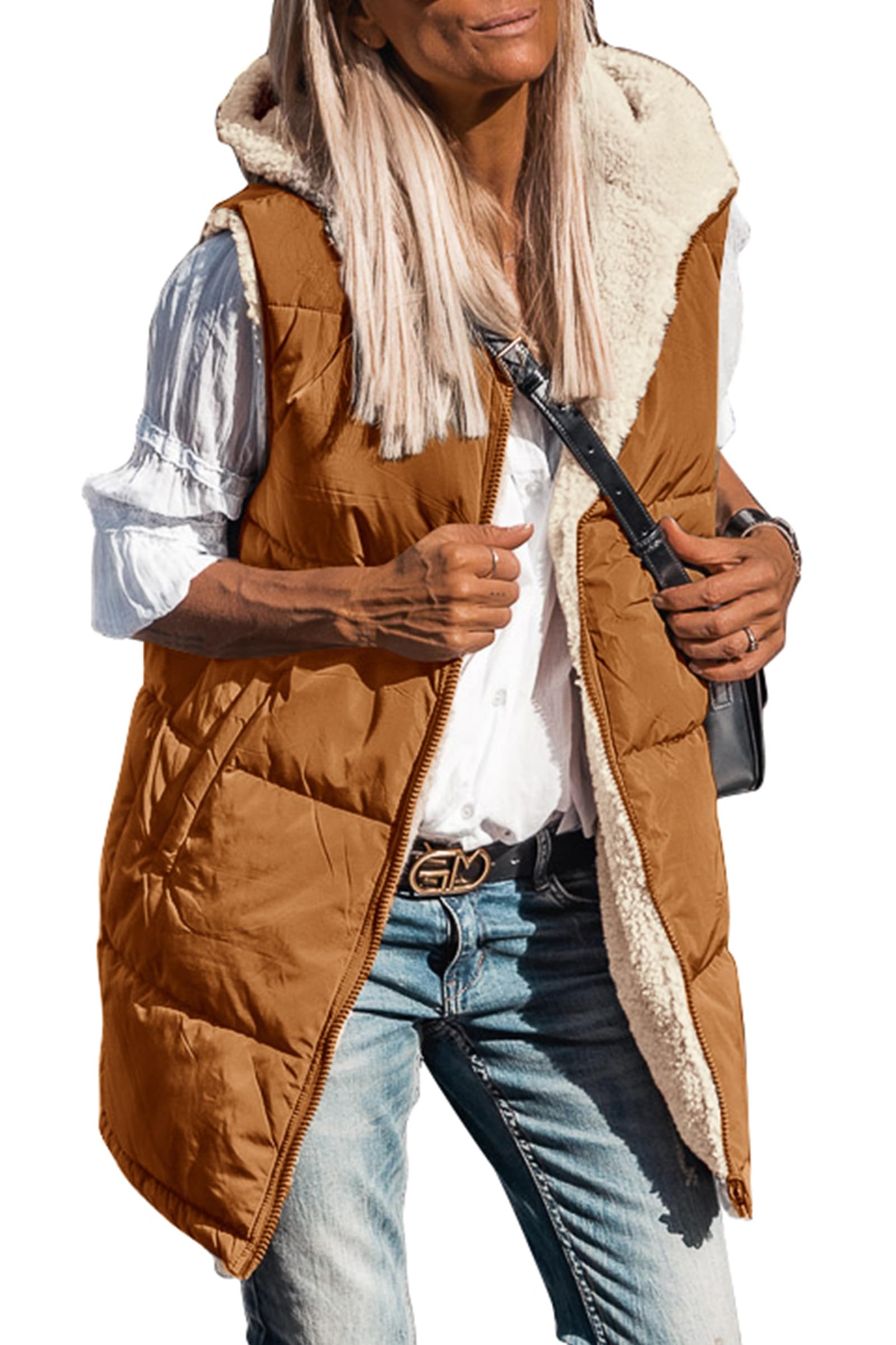 PRETTYGARDEN Womens Fall Reversible Long Vests Sleeveless Fleece Jacket Zip Up Hoodie Pockets Warm Coat Winter Clothing