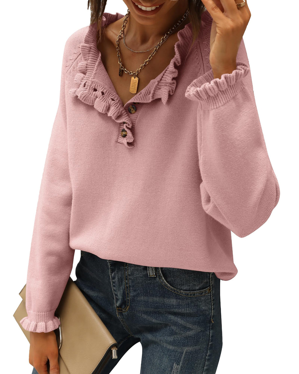 FreshPretty Womens Sweaters Fall Winter Clothes Long Sleeve Button Down Ruffle Crew Neck Casual Knitted Pullover Tops