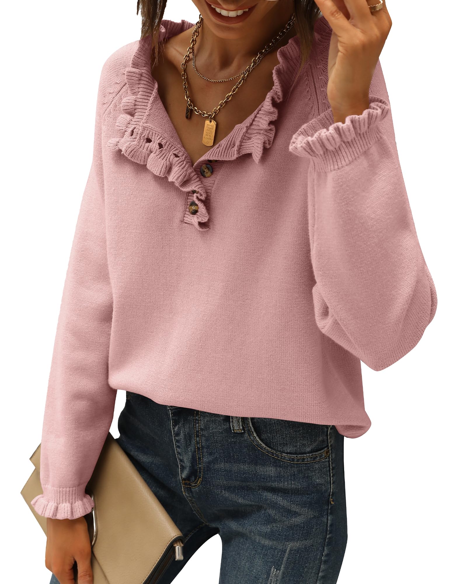 FreshPretty Womens Sweaters Fall Winter Clothes Long Sleeve Button Down Ruffle Crew Neck Casual Knitted Pullover Tops