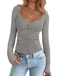FreshPretty Fall Sweaters for Women Lightweight Long Sleeve Henley Shirts Button Up Knit Basic Slim Fit Going Out Tops