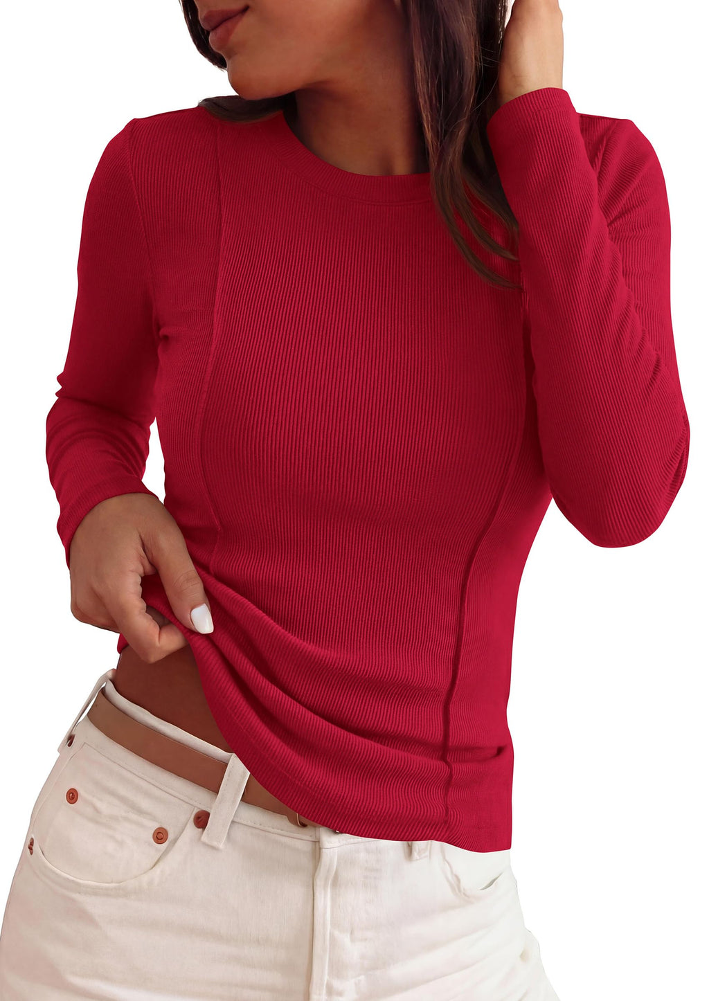 PRETTYGARDEN Womens Long Sleeve Shirts Fall Ribbed Basic Tee Soft Stretchy Slim Fitted Tops, Cute Going Out Y2K Clothes, Daily Wear Business Casual Work Blouses, Trendy Fashion Layering