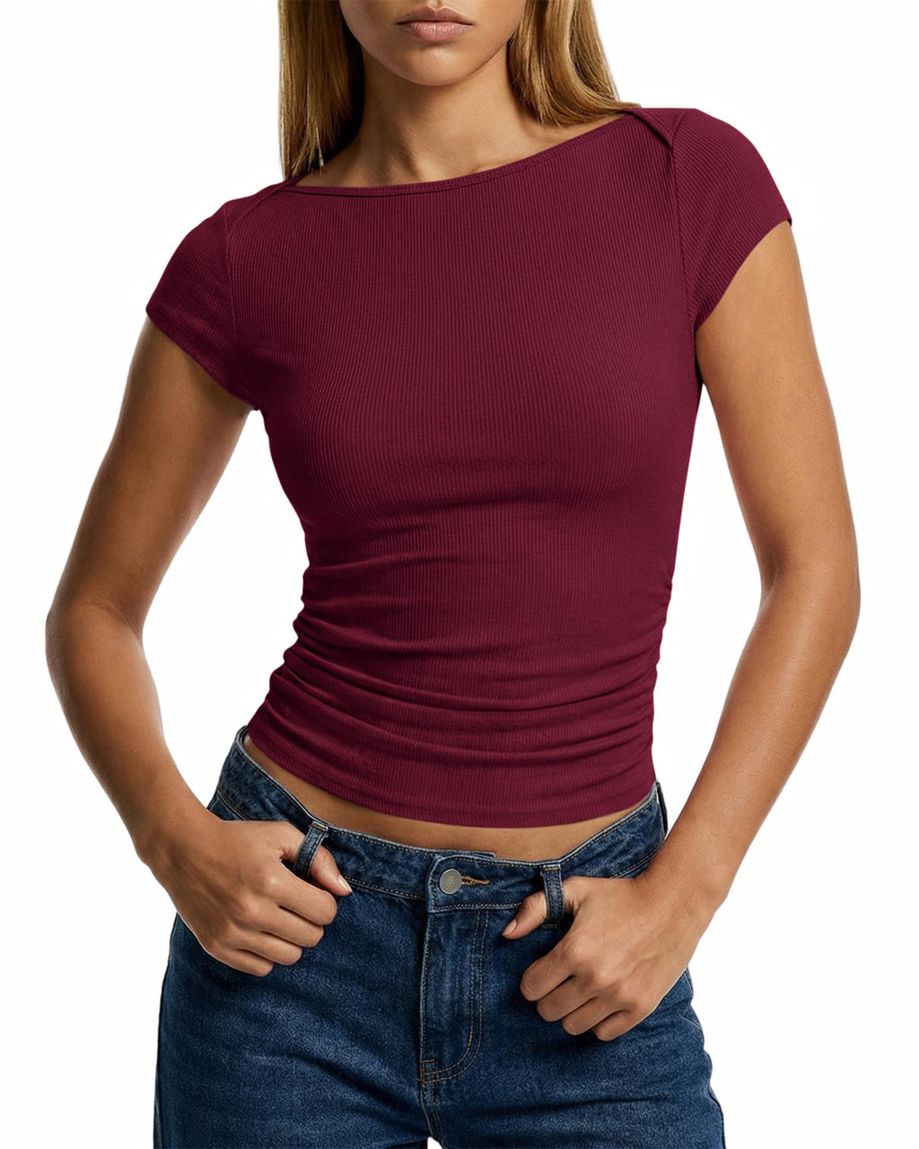 FreshPretty Womens Summer Tops Ribbed T Shirts Crew Neck Short Sleeve Stretchy Ruched Slim Fit Workout Going Out Top