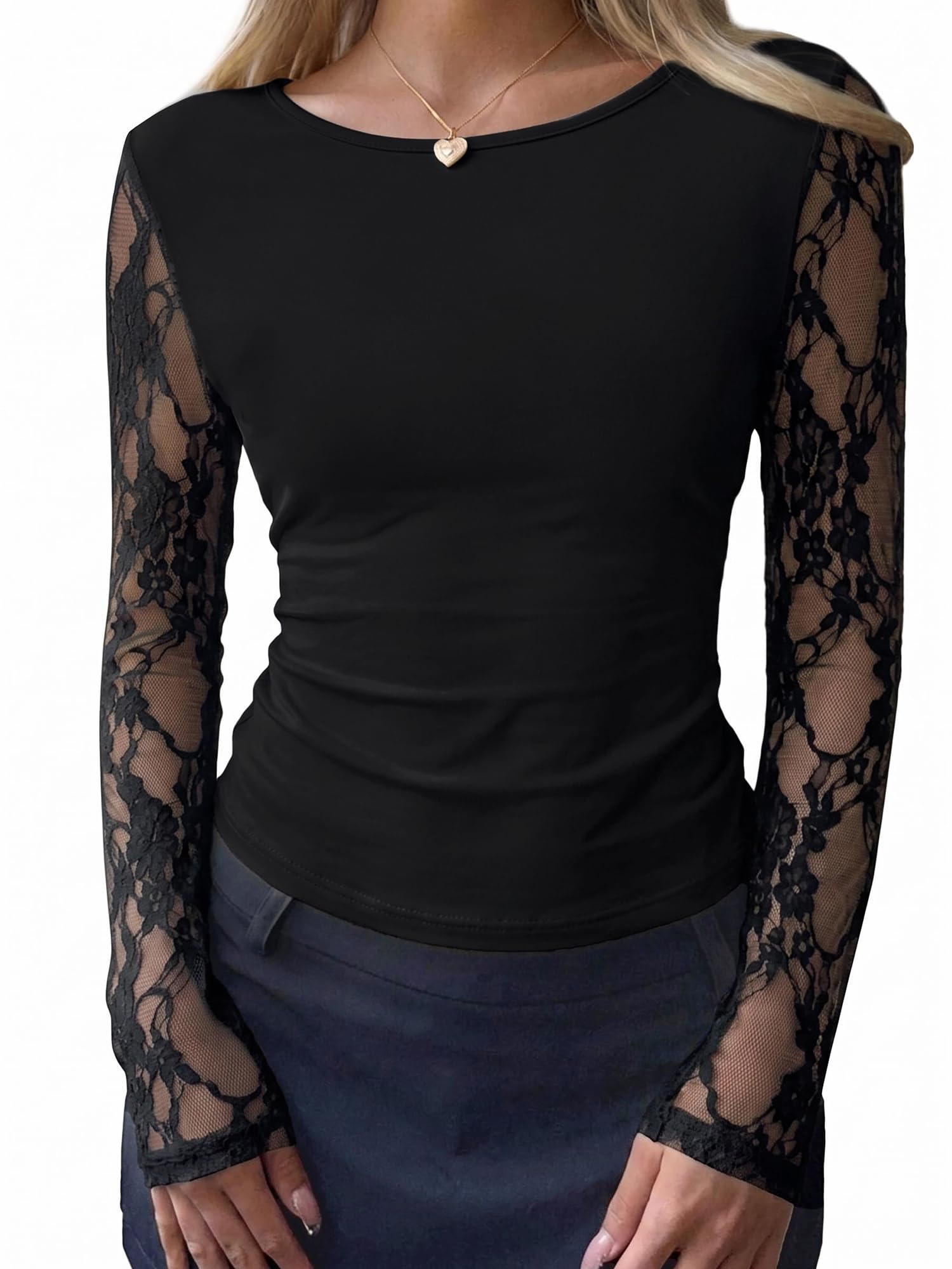 BTFBM Fall Tops for Women Sheer Lace Long Sleeve Top Slim Fit Blouses Crew Neck, Lightweight Basic Tees, See Through Layering Top, Sexy Fashion Clothing, Party Club Date Night Going Out Outfits
