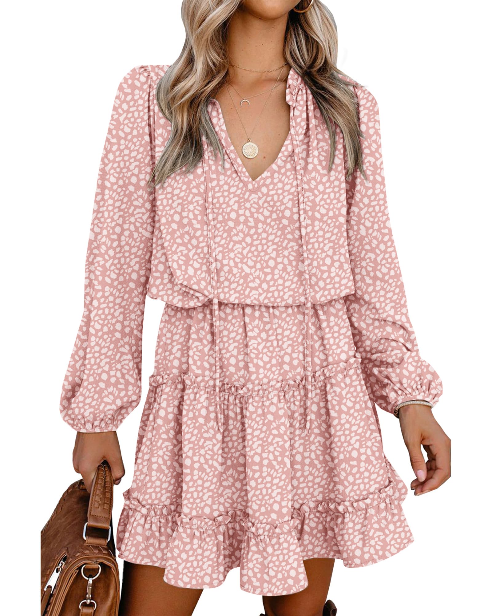 FreshPretty Long Sleeve Fall Dresses for Women Summer Casual Tie Neck Ruffle Tiered A Line Wedding Guest Short Mini Dress