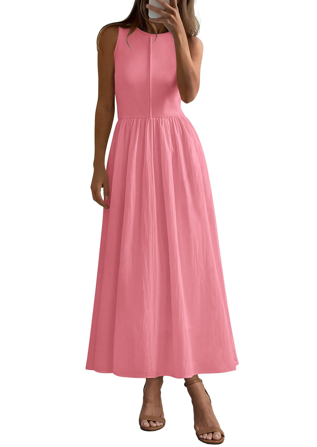 PRETTYGARDEN Maxi Dresses for Women Summer Casual Sleeveless Patchwork Flowy Vacation Sundress Knit Long Work Tank Dress