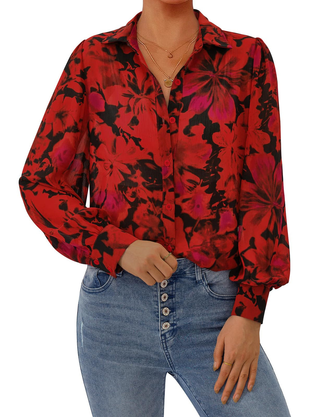 PRETTYGARDEN Women's Floral Blouses Dressy Casual V Neck Button Down Shirts Lantern Long Sleeve Boho Chiffon Spring Tops