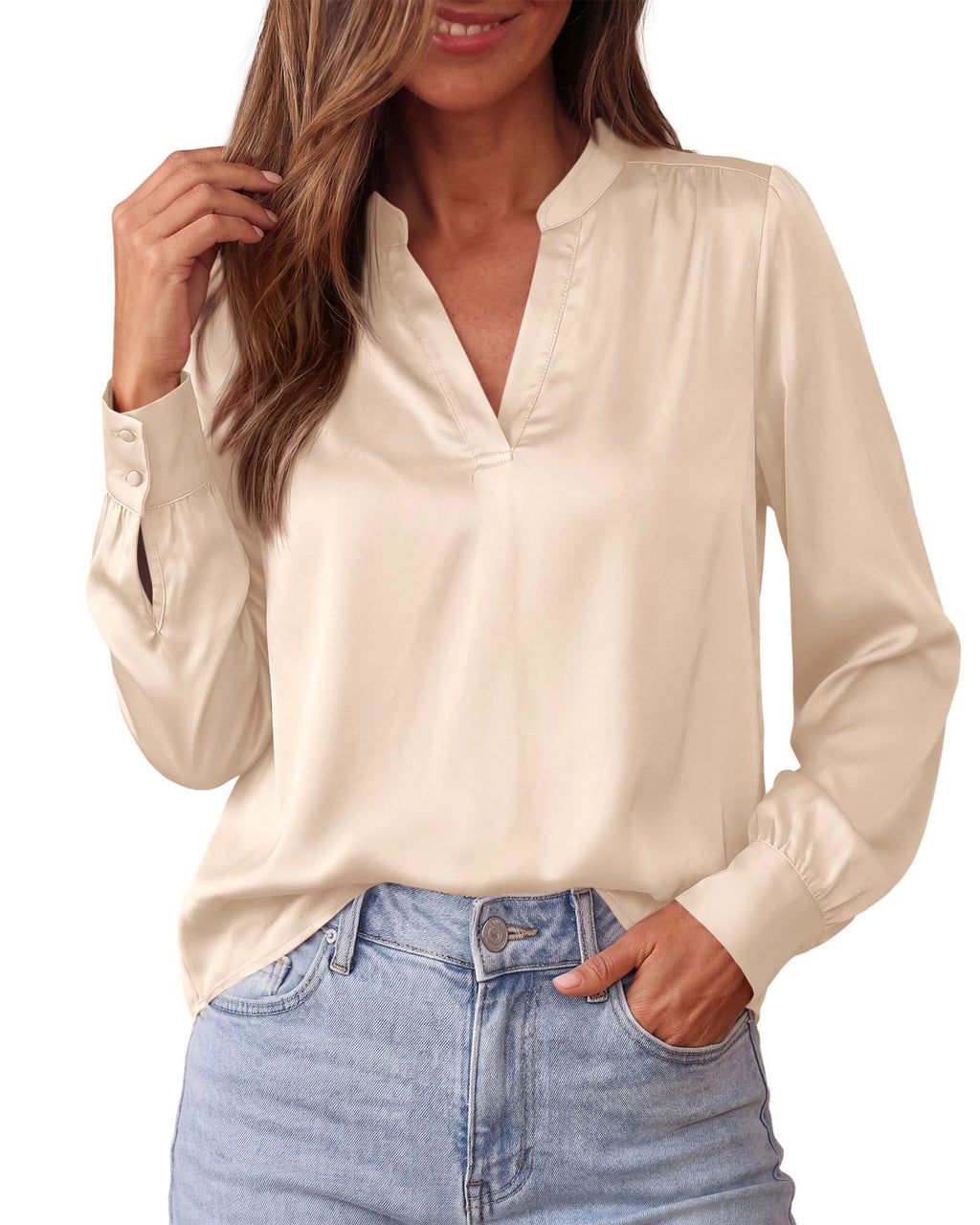 BTFBM Satin Blouses for Women Dressy Casual | Lightweight,V Neck,Long Sleeve Tops,Going Out Outfits,Fall Fashion Clothing