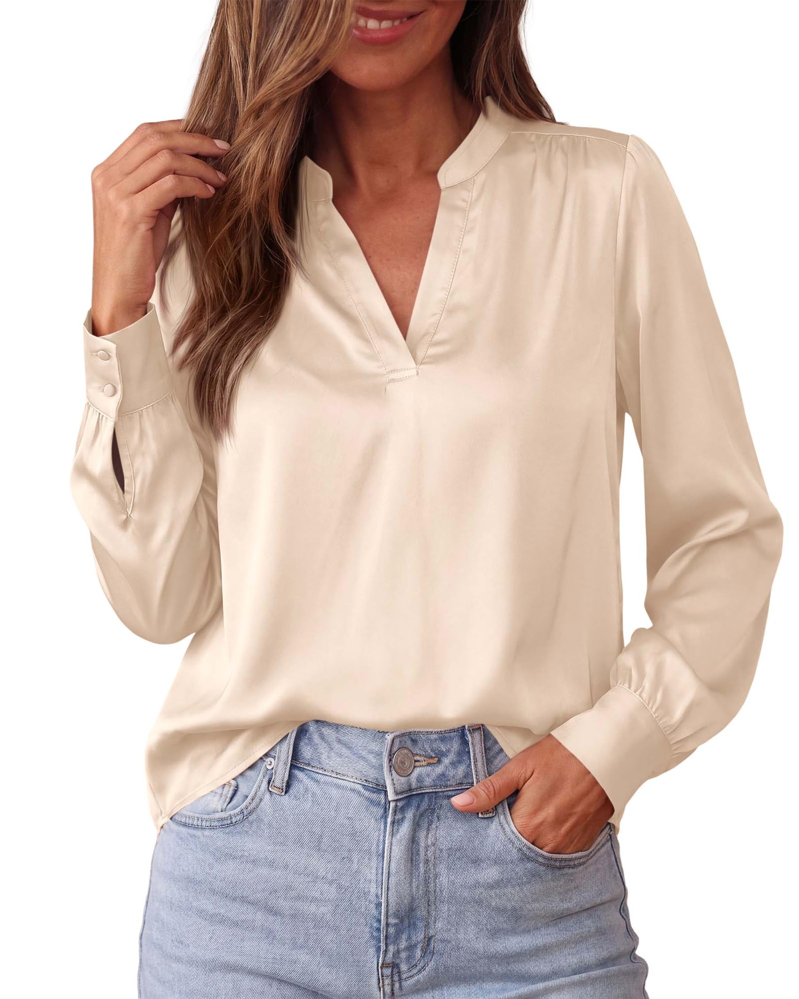 BTFBM Satin Blouses for Women Dressy Casual | Lightweight,V Neck,Long Sleeve Tops,Going Out Outfits,Fall Fashion Clothing