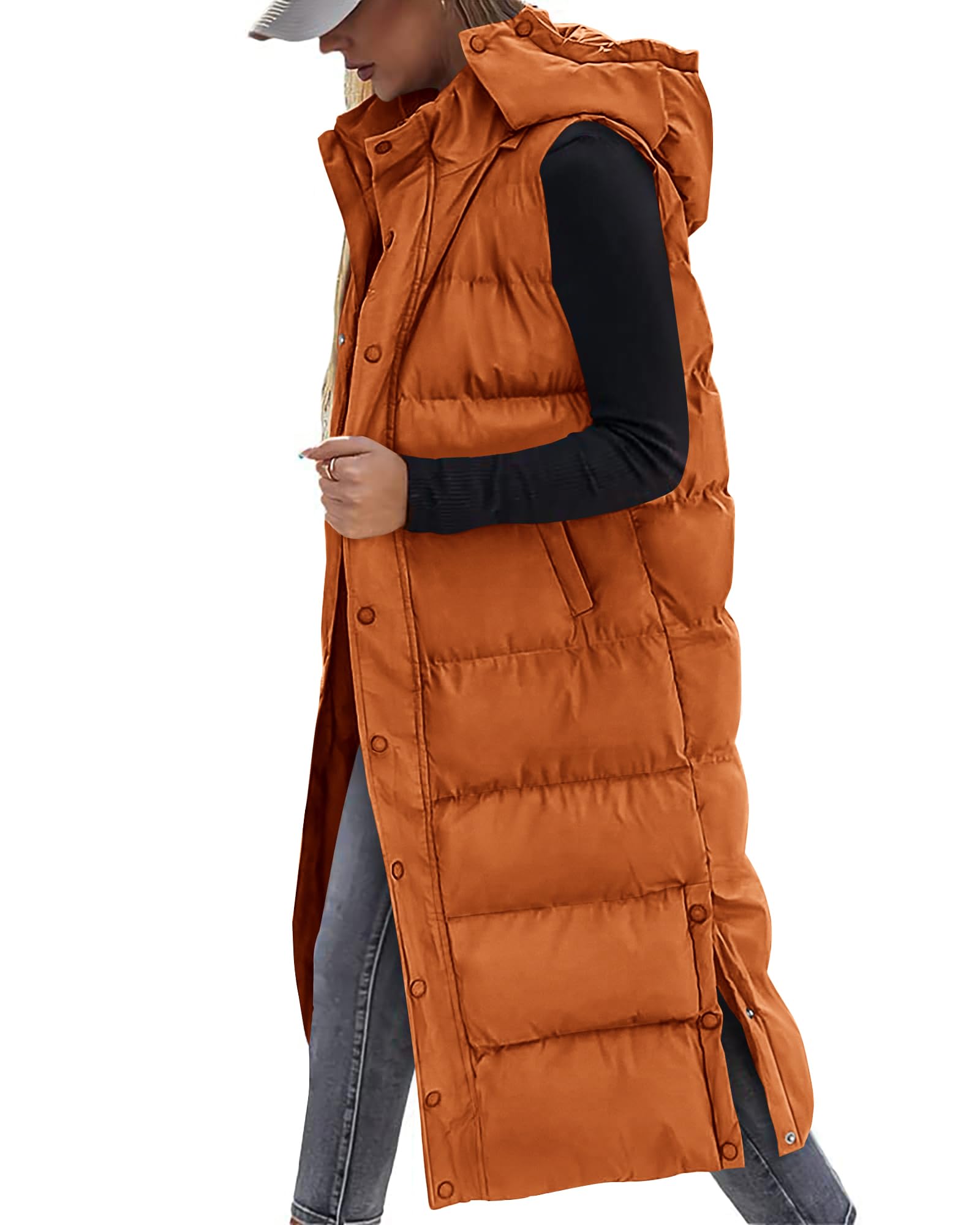FreshPretty Long Puffer Vest Women Quilted Hooded Button Down Zip Up Sleeveless Vests Outerwear Padded Jacket Fall Winter Coat
