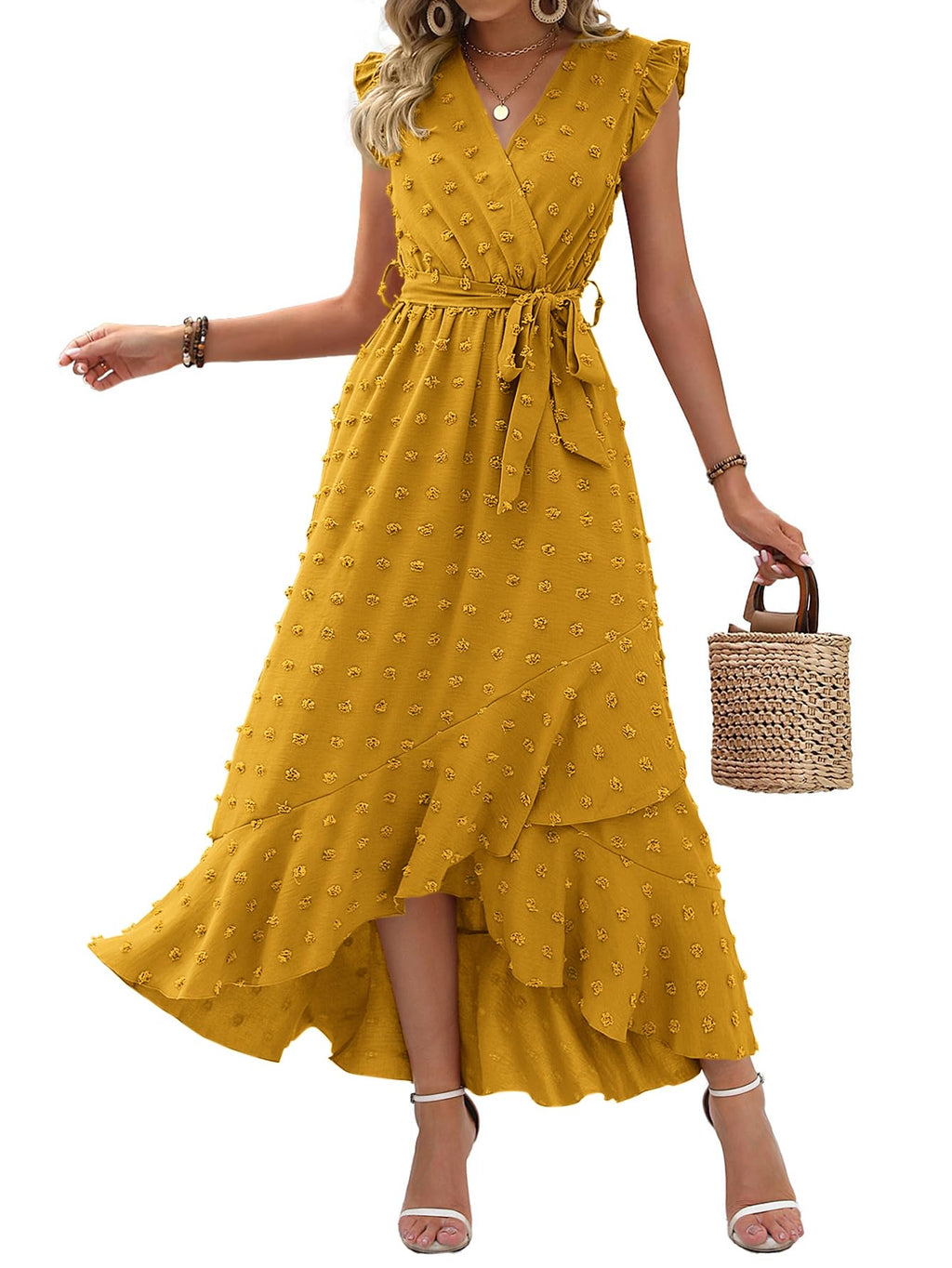 BTFBM Boho Dresses for Women Spring Fashion Cap Sleeve Swiss Dot Flowy Ruffle Beach Wedding Cocktail Maxi Dress