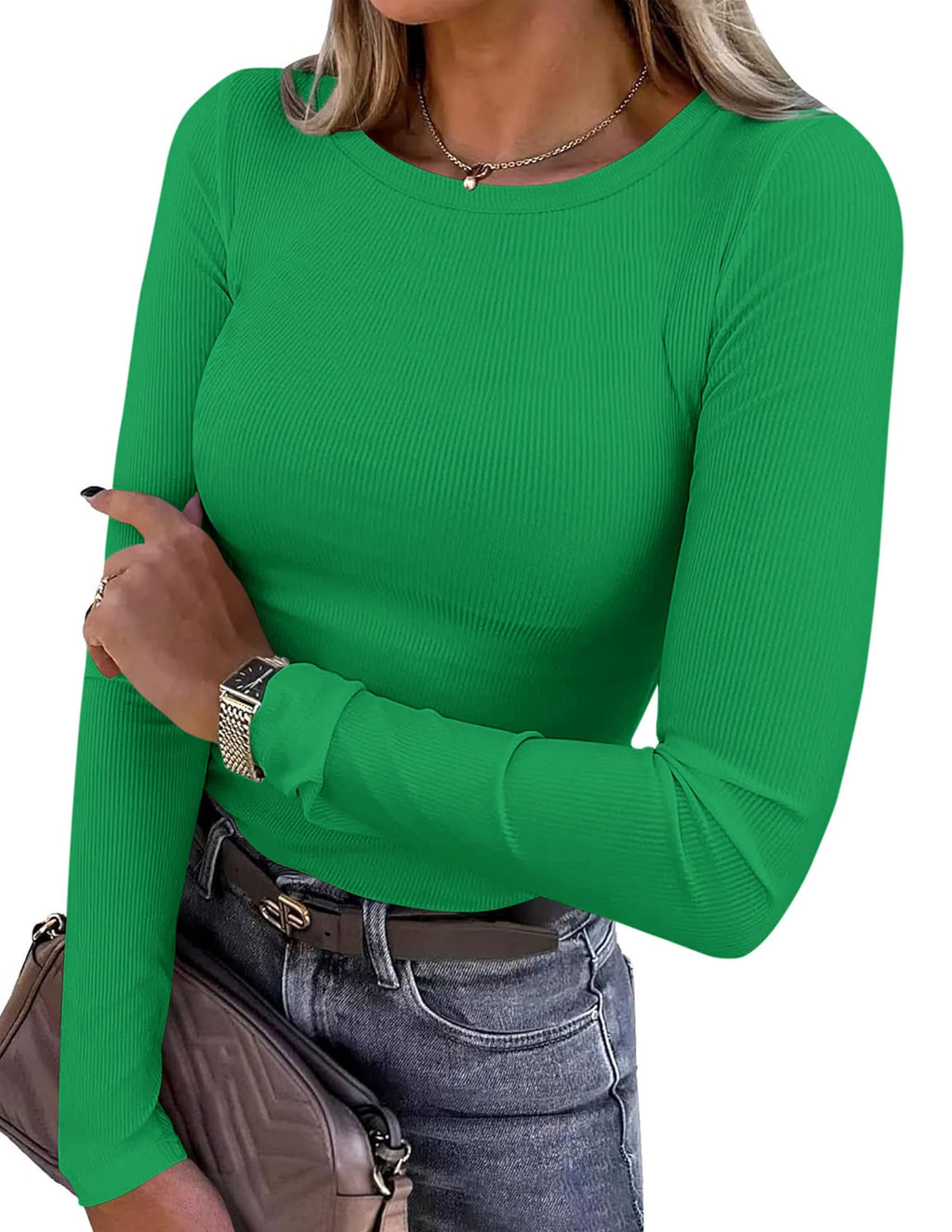 PRETTYGARDEN Women Fall Clothes Long Sleeve Shirts Ribbed Knit Fitted Basic Tee Going Out Tops Underscrub Casual Outfits