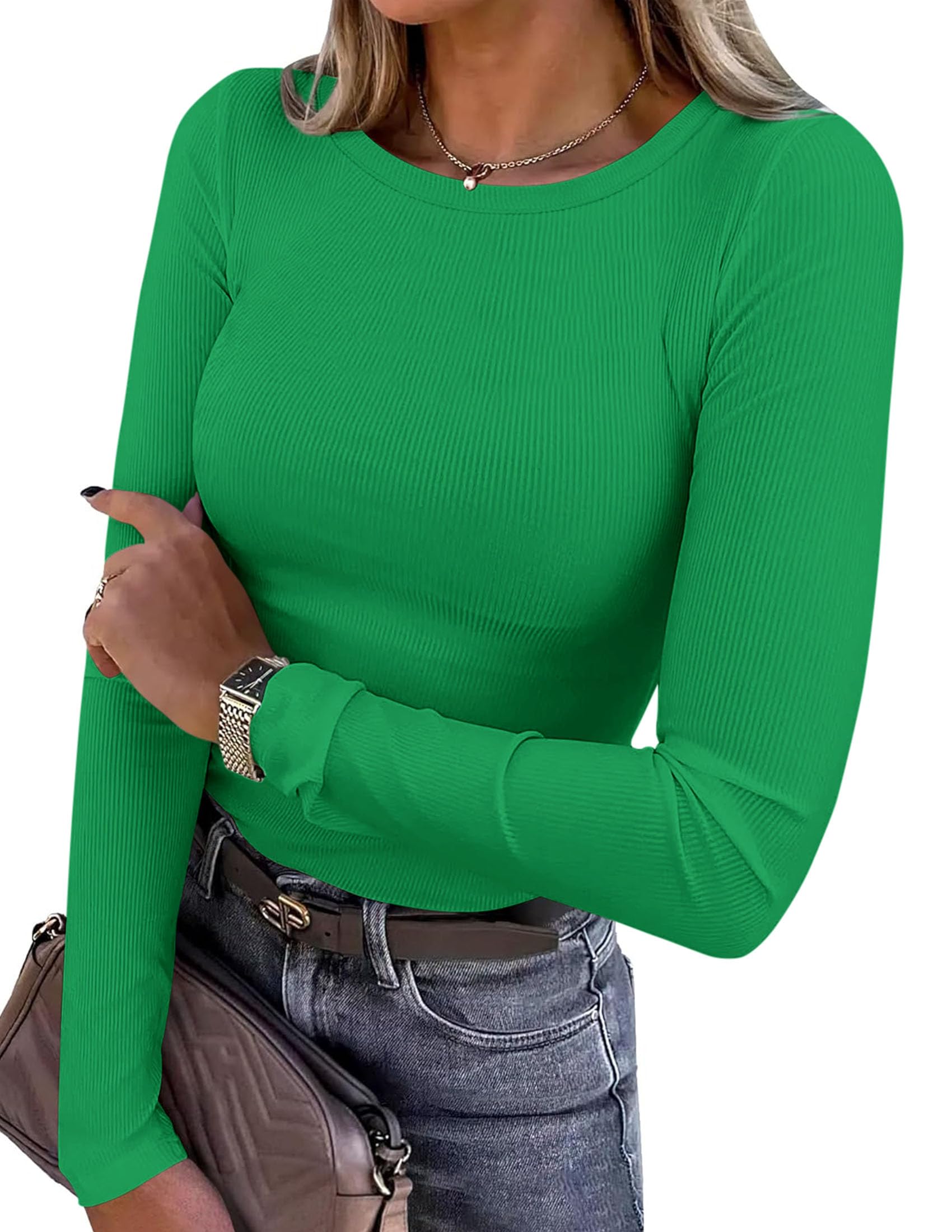 PRETTYGARDEN Women Fall Clothes Long Sleeve Shirts Ribbed Knit Fitted Basic Tee Going Out Tops Underscrub Casual Outfits