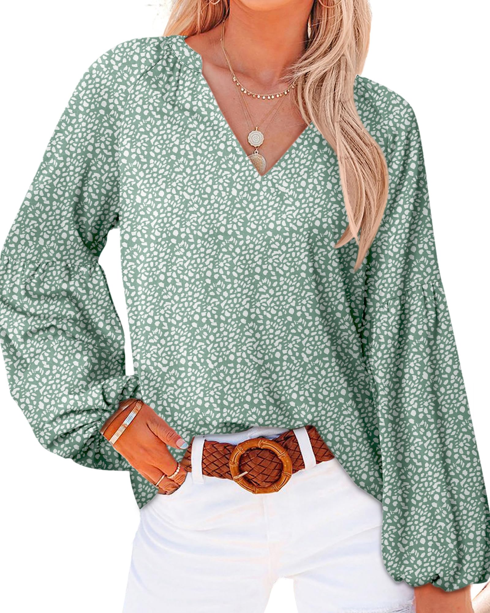 FreshPretty Blouses for Women Floral Boho Tops V Neck Lightweight Long Sleeve Shirts Fall Dressy Casual Vacation Outfits