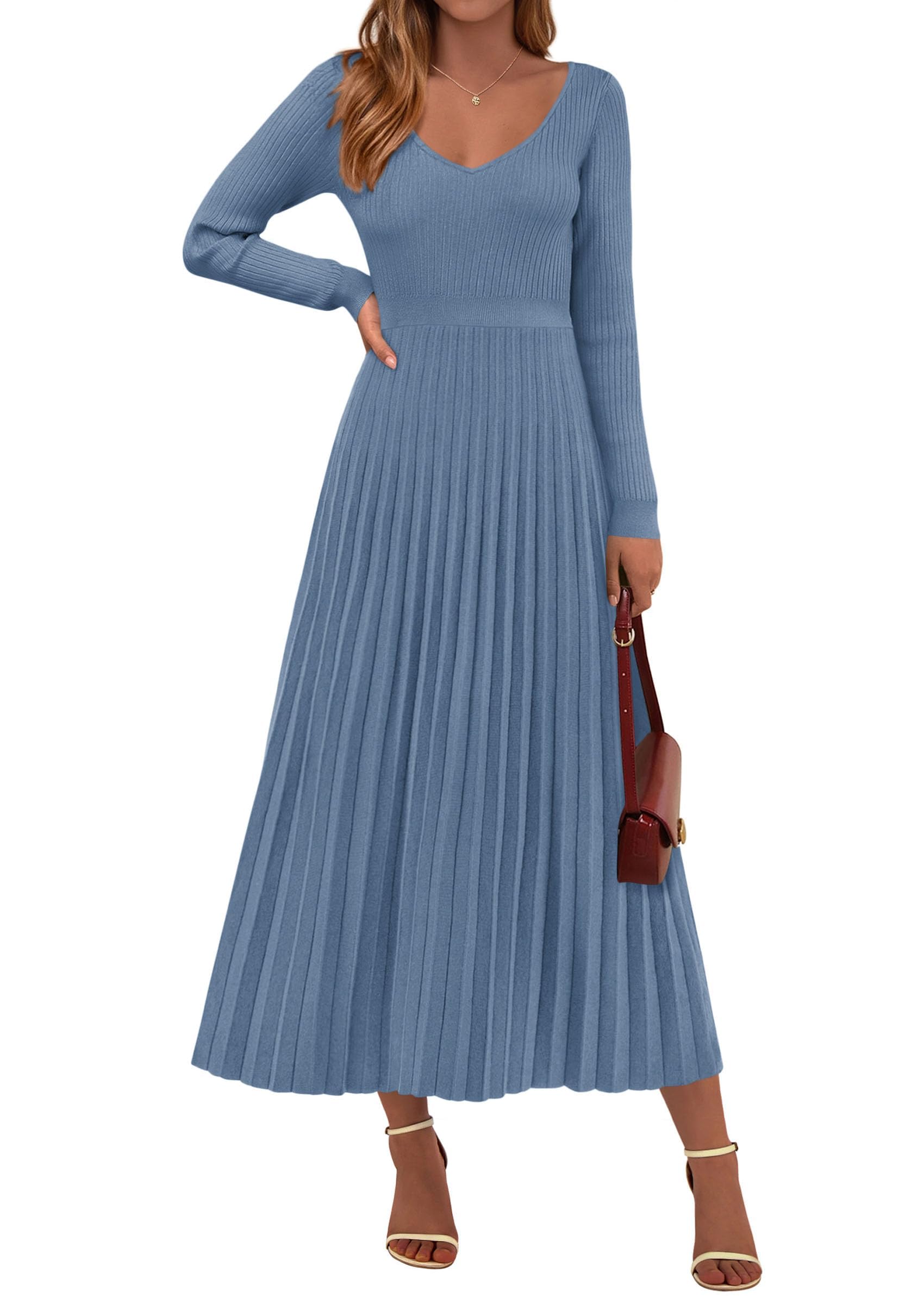 PRETTYGARDEN Women Sweater Dress Fall Fashion Long Sleeve V Neck Ribbed Knit Pleated A Line Elegant Maxi Winter Dresses