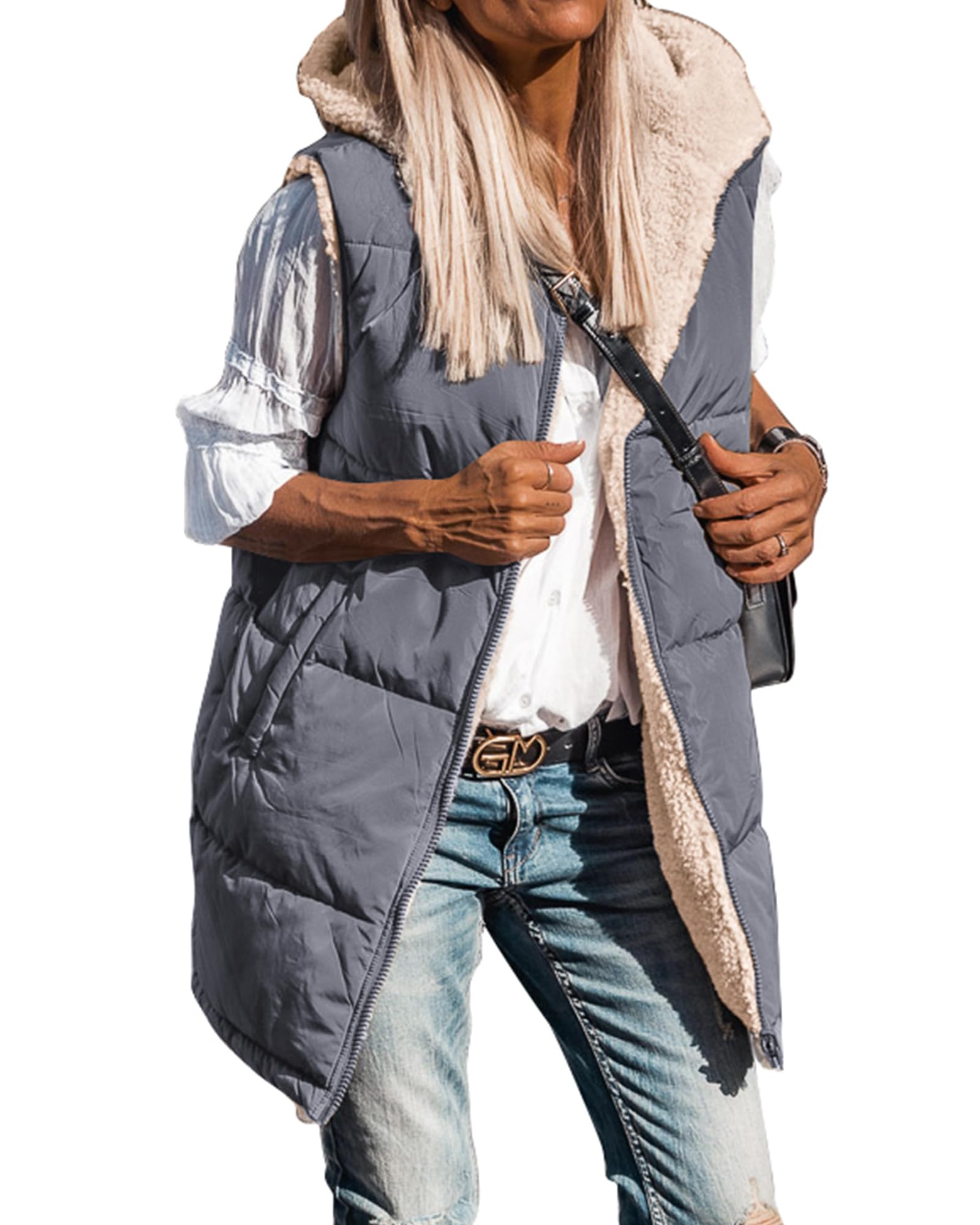 BTFBM Long Puffer Vest Women Fleece Sherpa Jacket Sleeveless Hooded Reversible Zip Up Winter Coat Fall Vests Outerwear