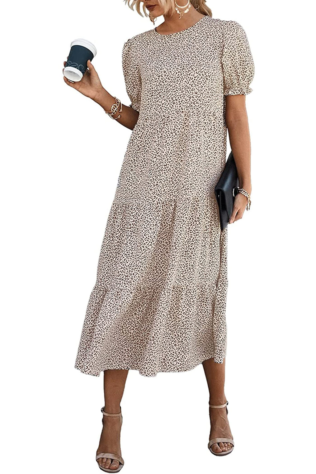 PRETTYGARDEN Summer Dresses for Women Casual Floral Boho Midi Sun Dress Puff Short Sleeve Flowy Beach Vacation Sundress