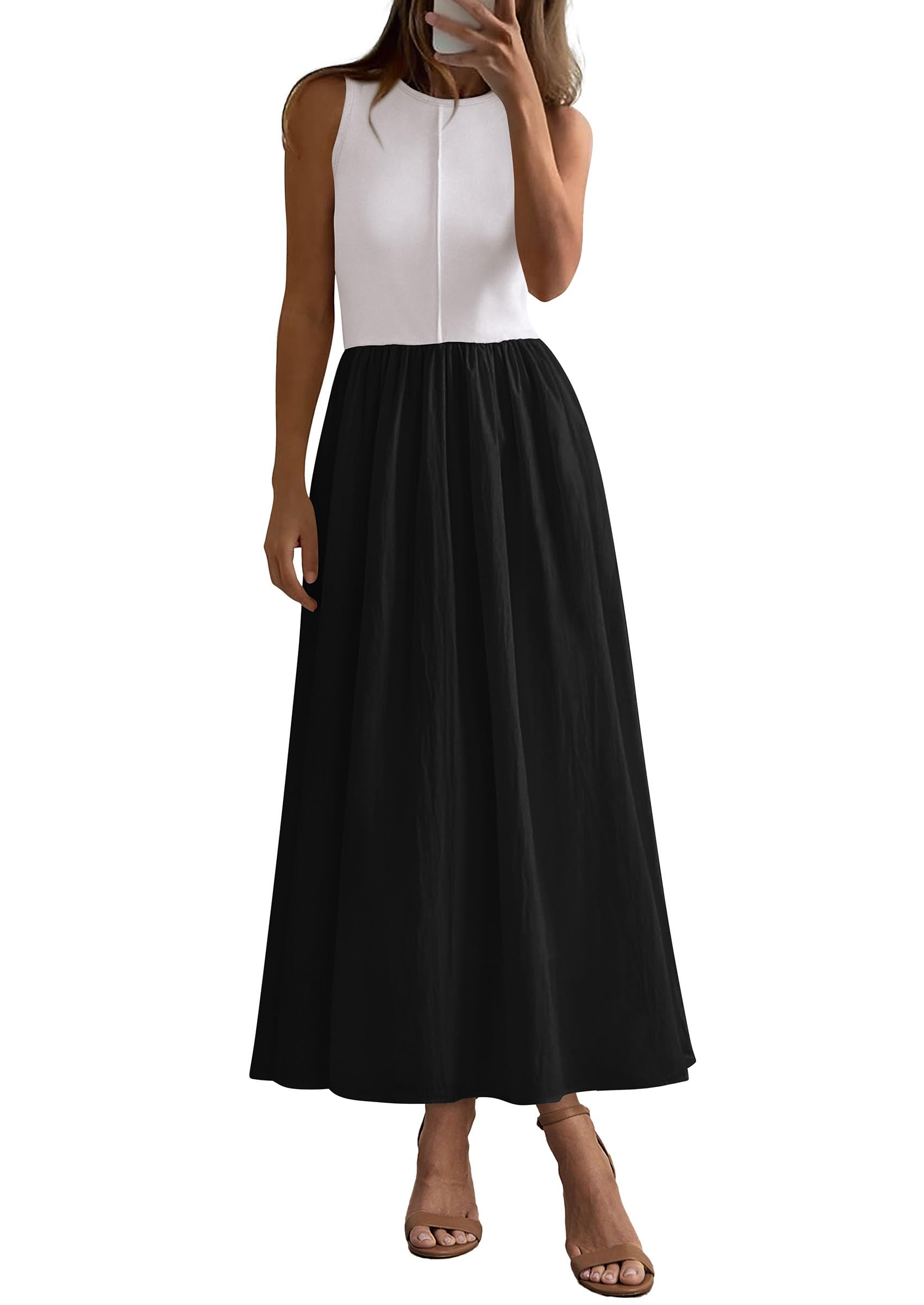 PRETTYGARDEN Maxi Dresses for Women Summer Casual Sleeveless Patchwork Flowy Vacation Sundress Knit Long Work Tank Dress