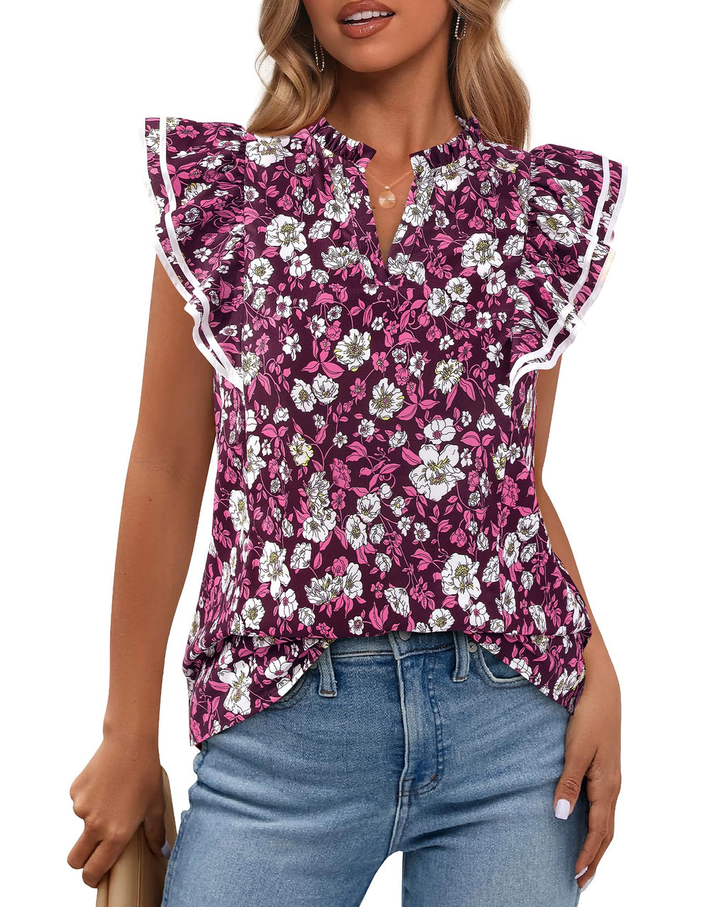 BTFBM Womens Tops Dressy Casual Spring Summer Shirts Boho Floral V Neck Ruffle Cap Sleeve Business Work Blouses