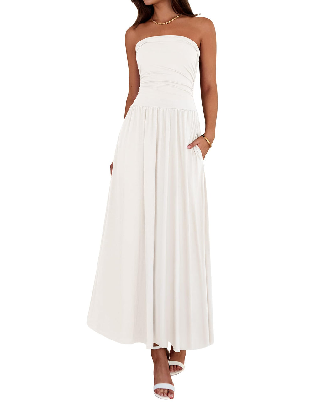 BTFBM Summer Maxi Dresses for Women Strapless Ruched Tube Top Beach Vacation Spring Wedding Guest Dress Pockets